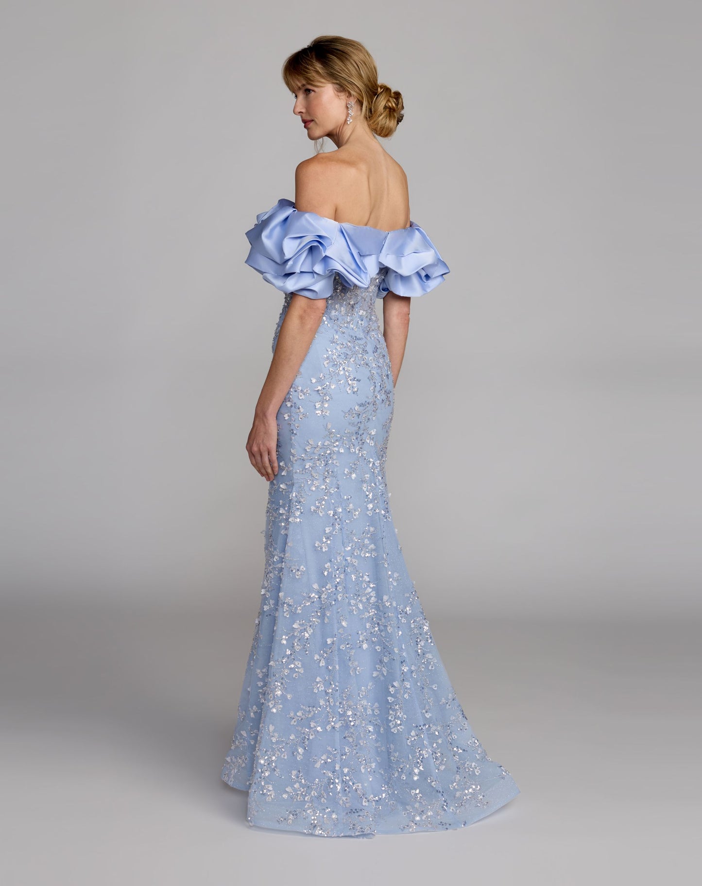 Blue Embellished Mermaid Gown With Off The Shoulder Ruffle - Mac Duggal