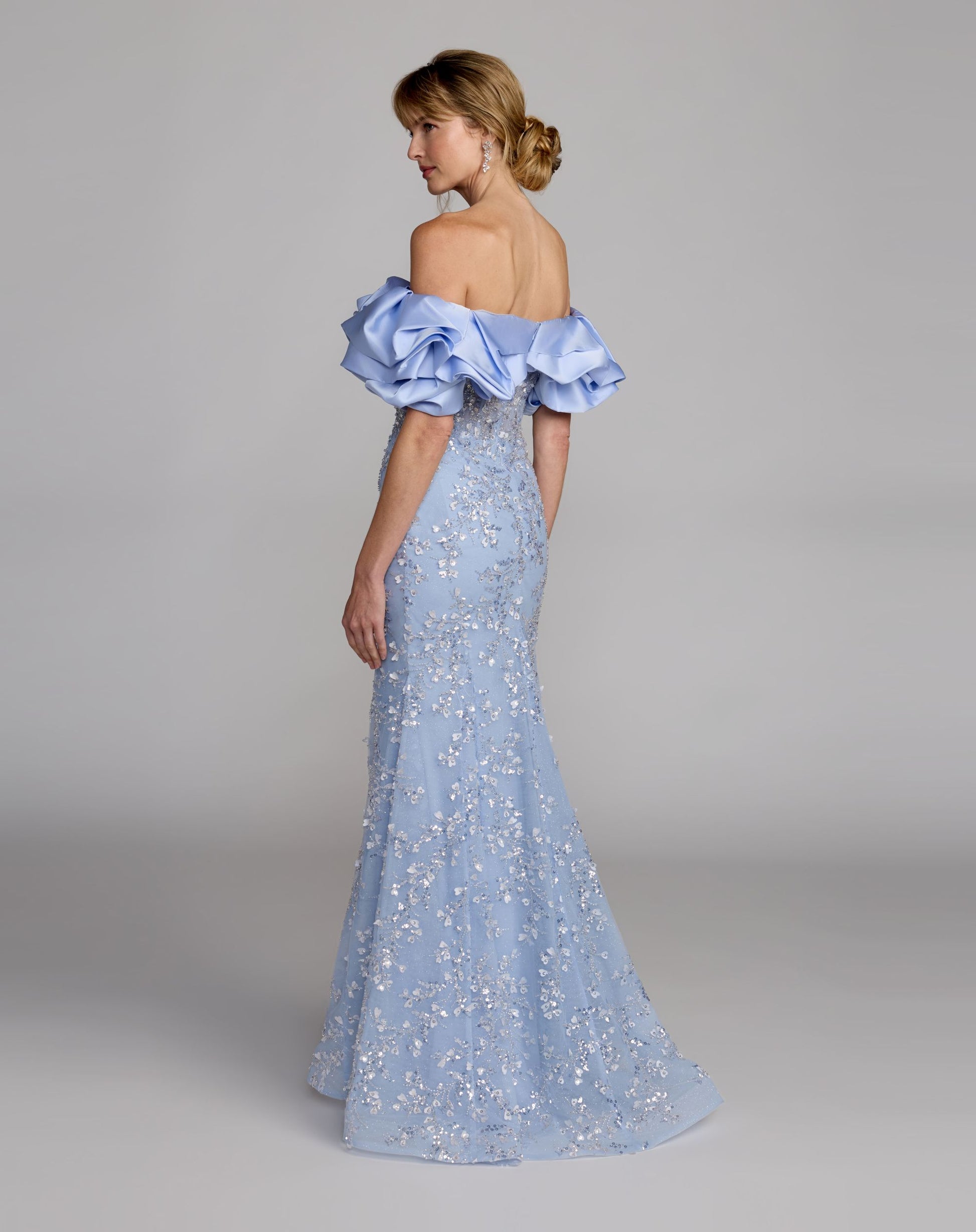Blue Embellished Mermaid Gown With Off The Shoulder Ruffle - Mac Duggal