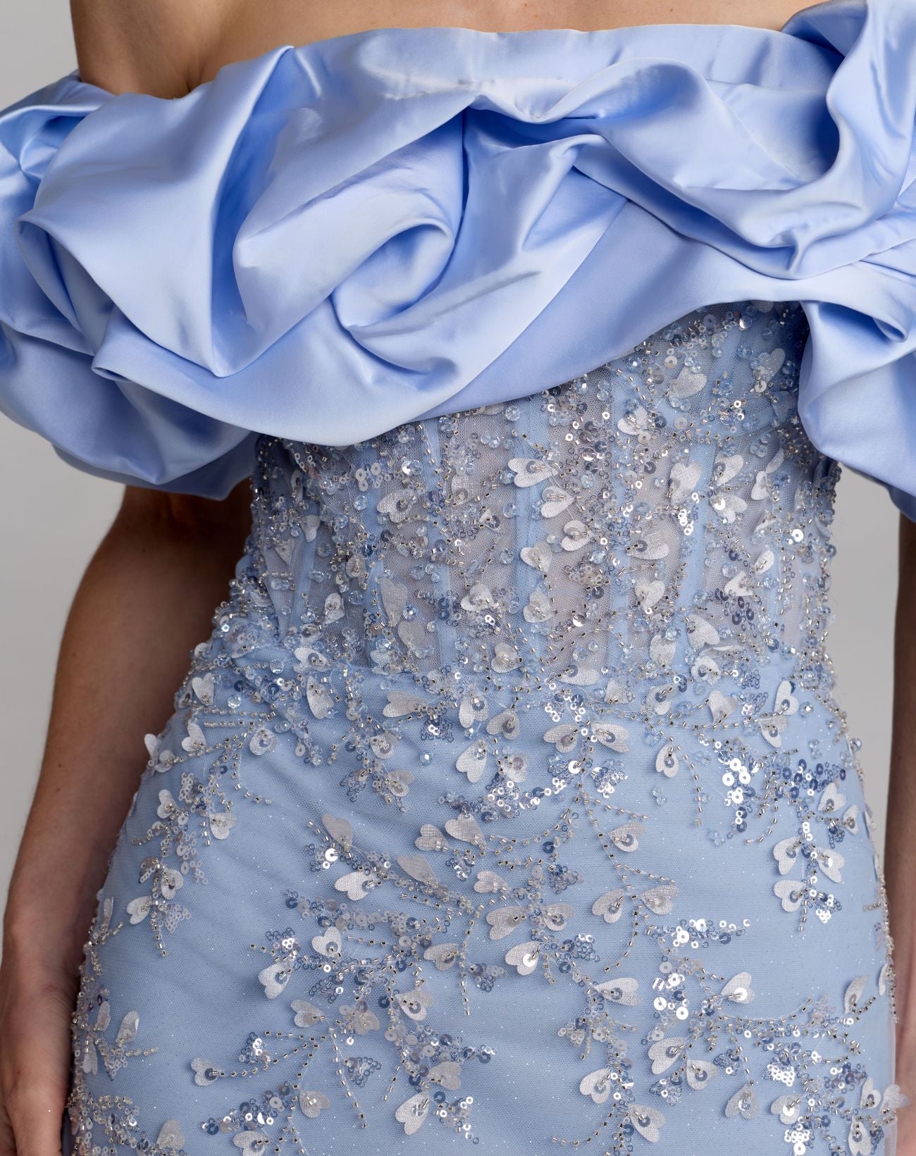 Blue Embellished Mermaid Gown With Off The Shoulder Ruffle - Mac Duggal