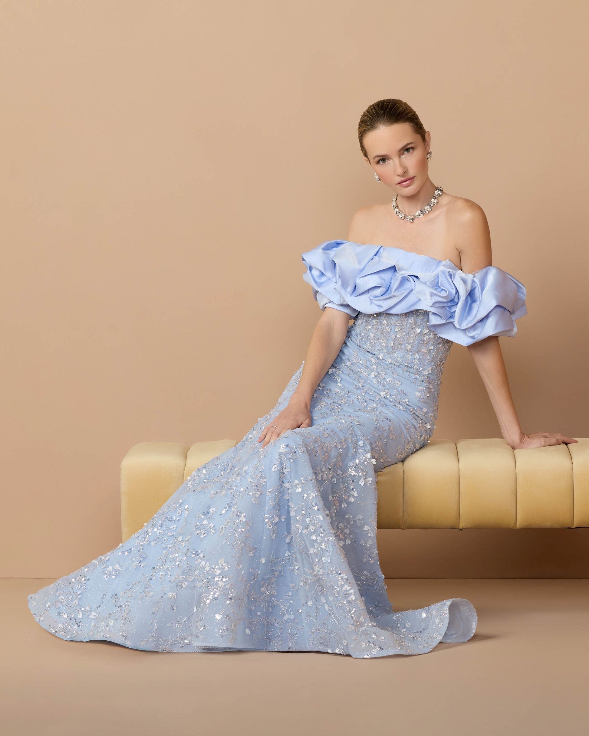 Blue Embellished Mermaid Gown With Off The Shoulder Ruffle - Mac Duggal