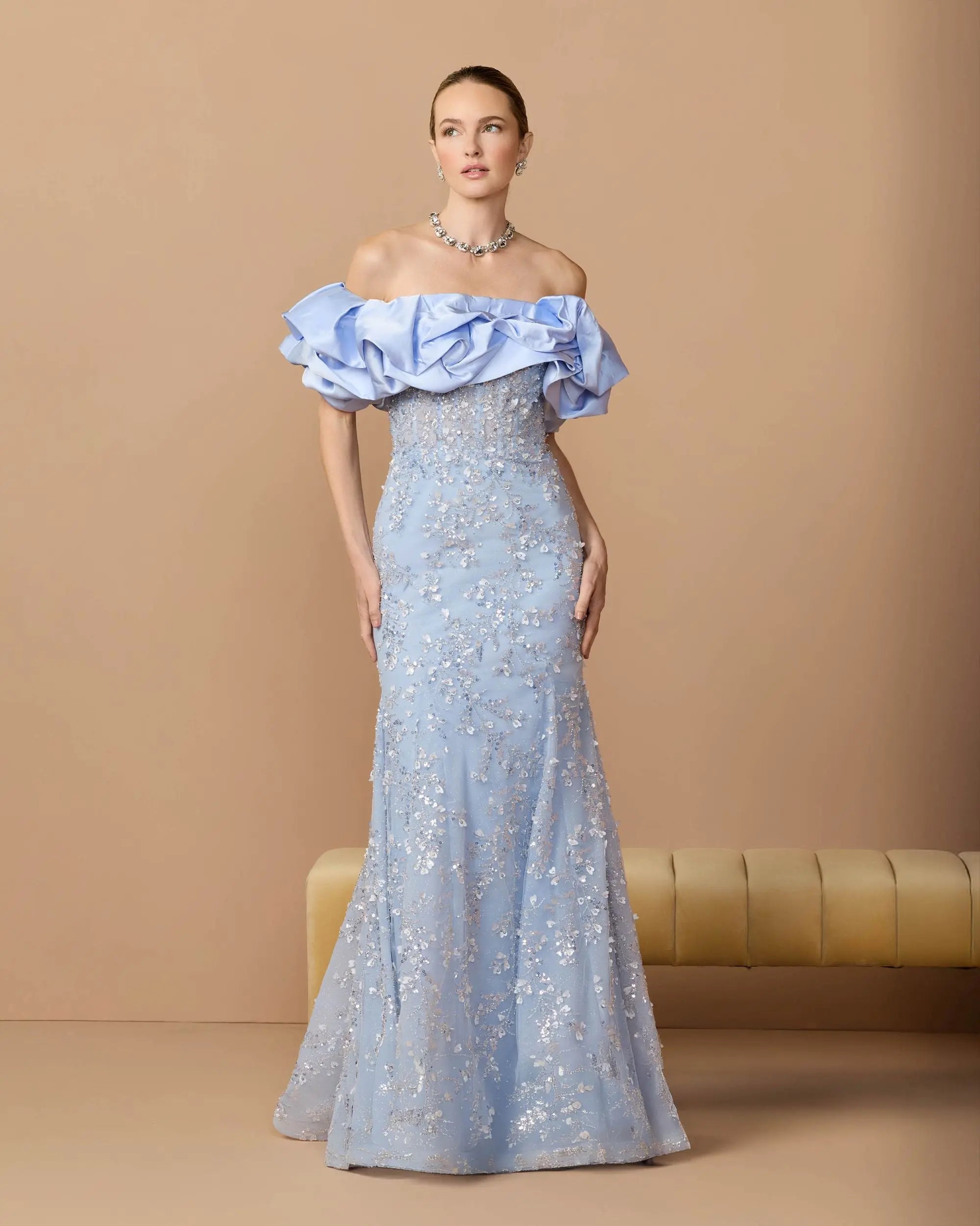 Blue Embellished Mermaid Gown With Off The Shoulder Ruffle - Mac Duggal