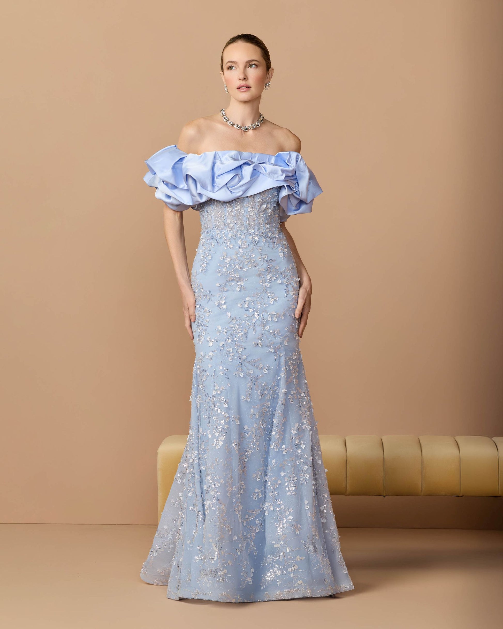 Blue Embellished Mermaid Gown With Off The Shoulder Ruffle - Mac Duggal