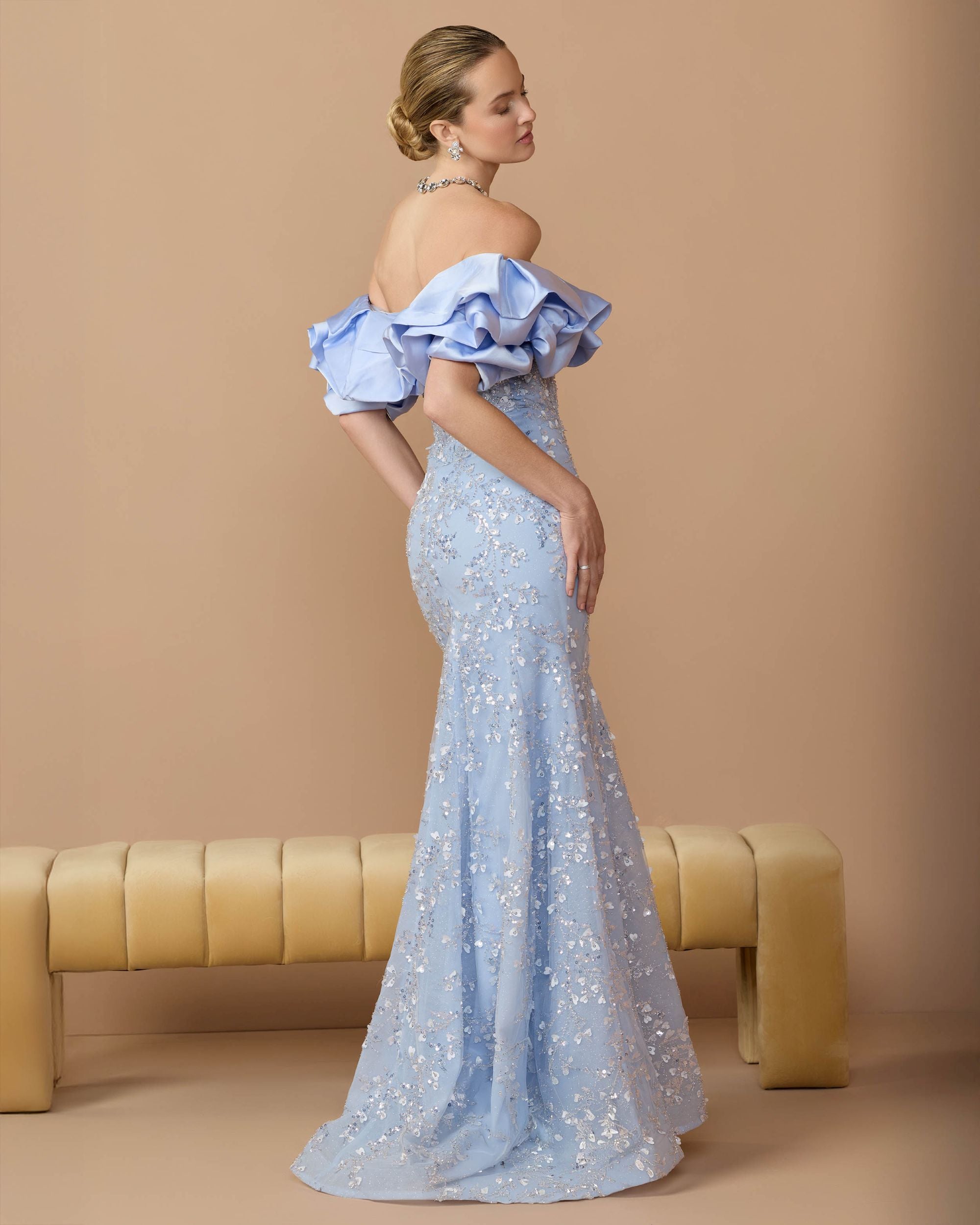 Blue Embellished Mermaid Gown With Off The Shoulder Ruffle - Mac Duggal