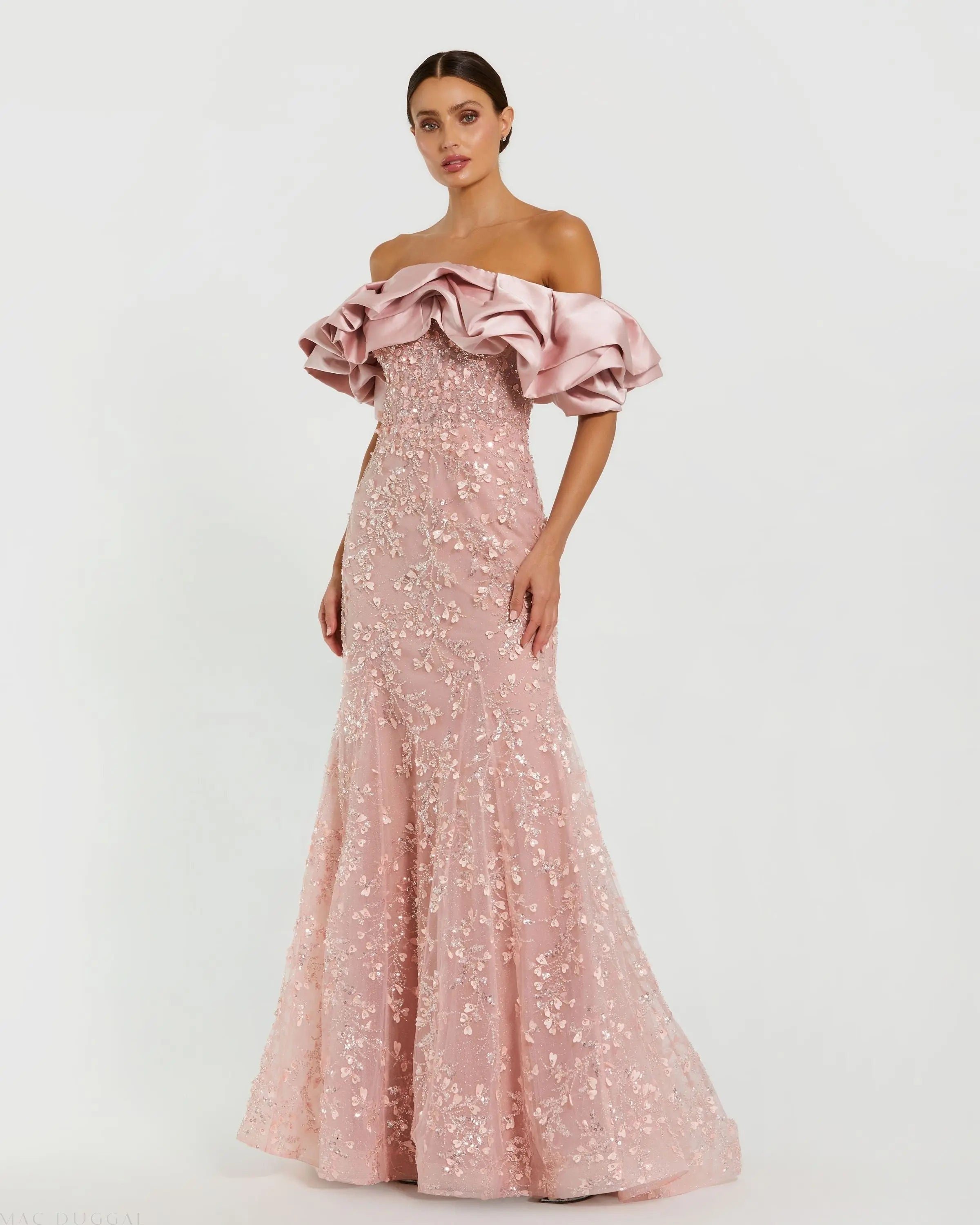 Pink Beaded Mermaid Gown With Off The Shoulder Ruffle - Mac Duggal