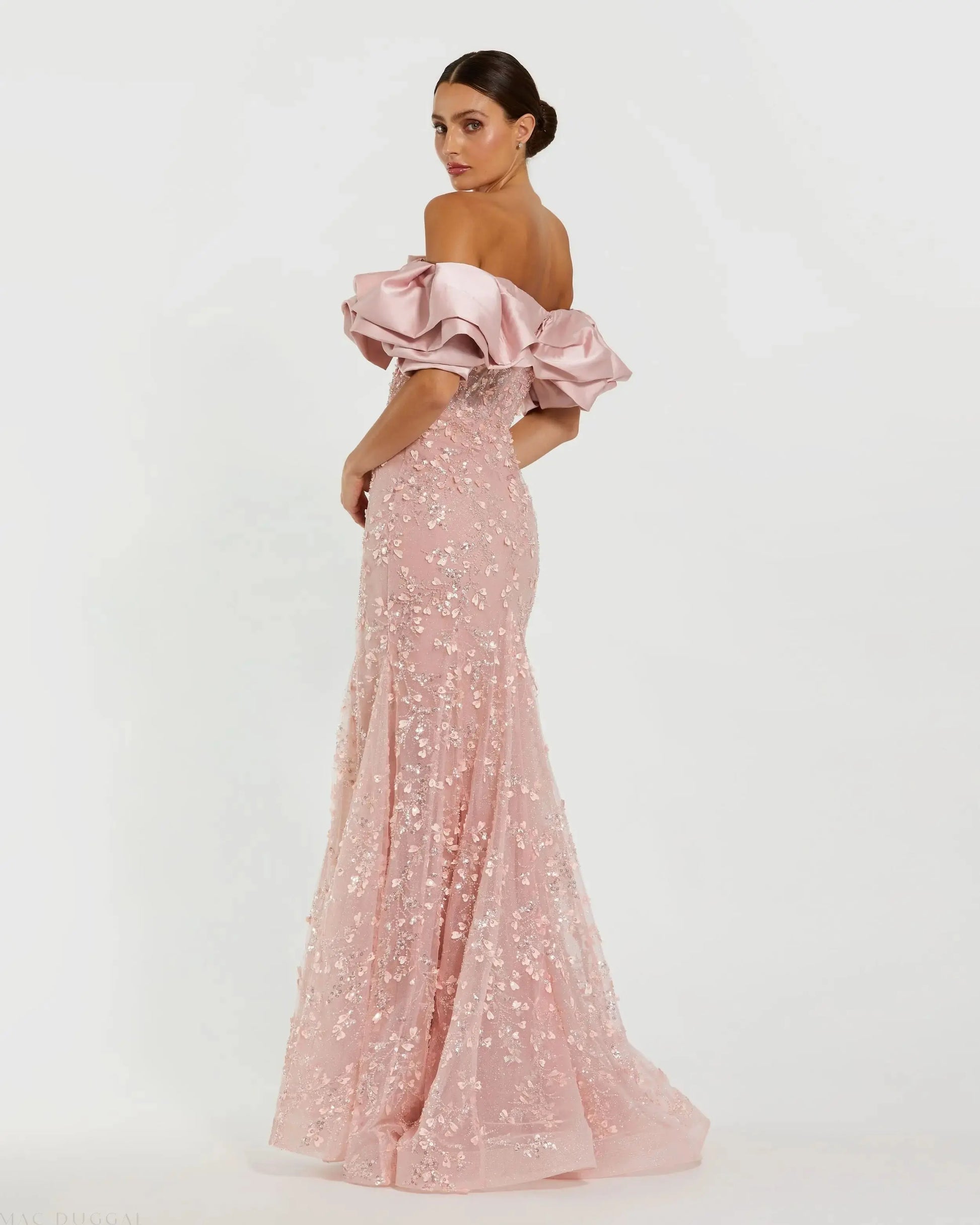 Pink Embellished Mermaid Gown With Off The Shoulder Ruffle | Mac Duggal Pink Embellished Mermaid Gown With Off The Shoulder Ruffle | Mac Duggal