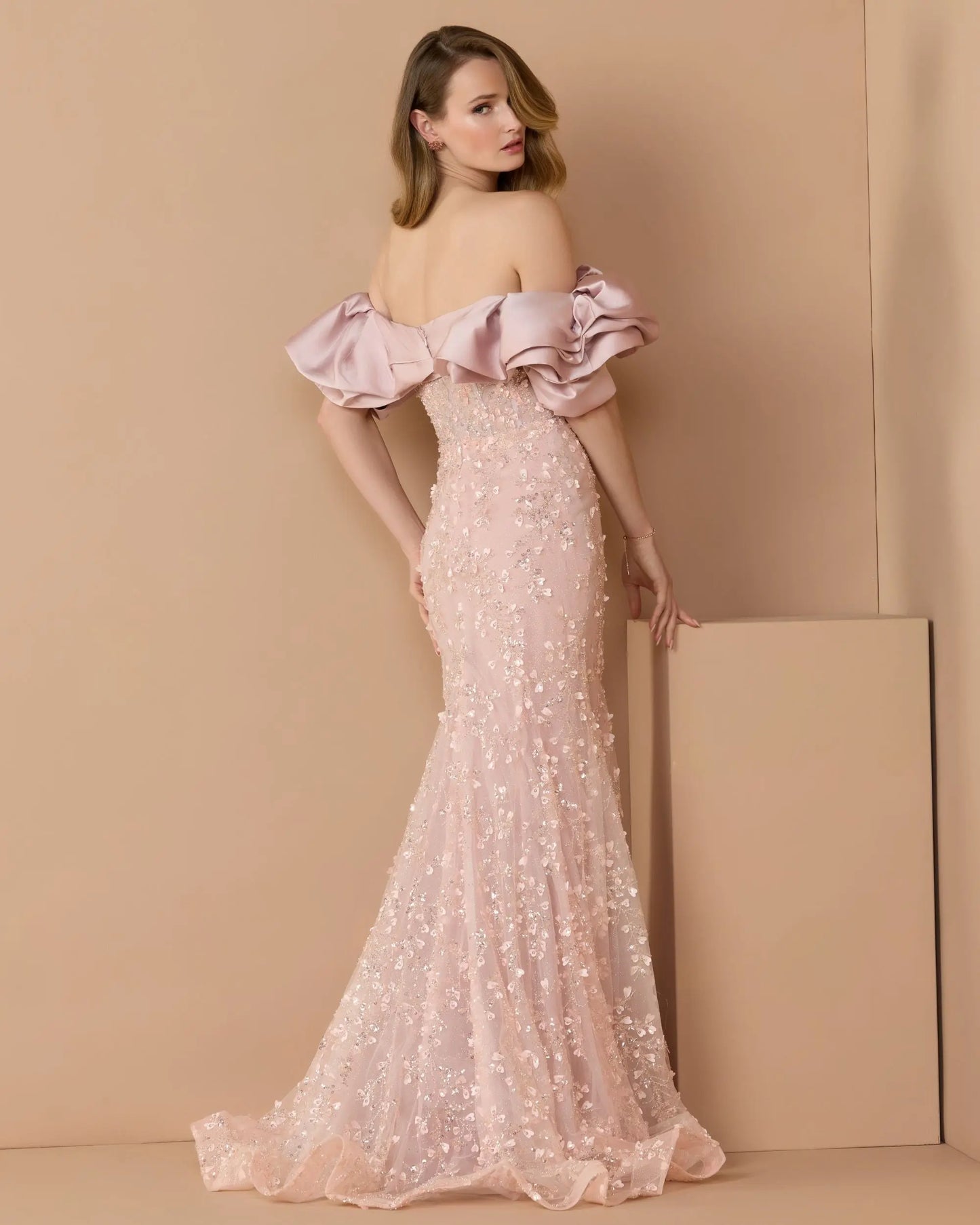 Pink Embellished Mermaid Gown With Off The Shoulder Ruffle Mac Duggal