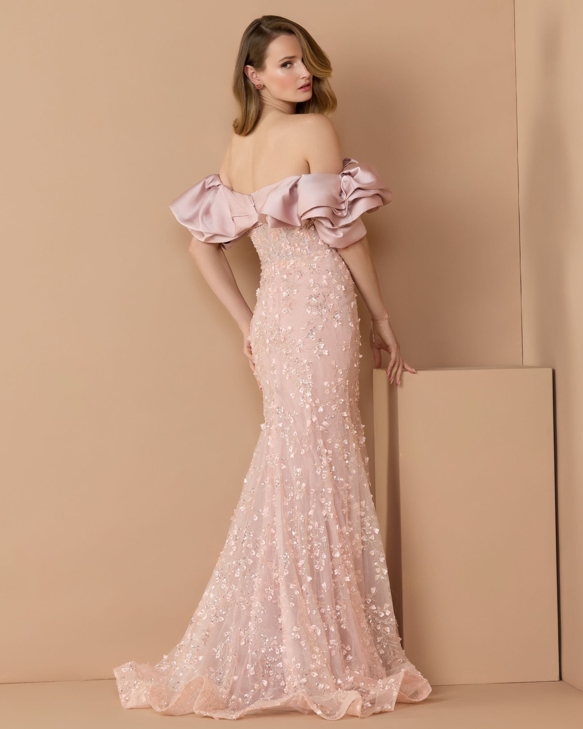 Pink Embellished Mermaid Gown With Off The Shoulder Ruffle