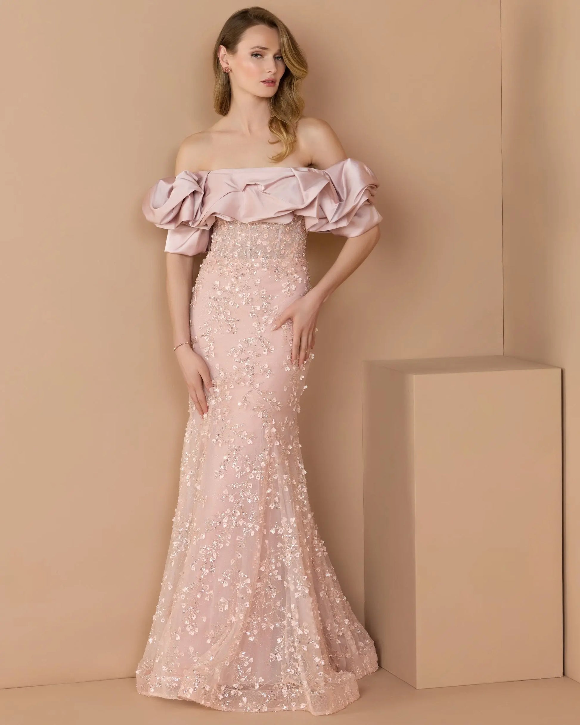 Pink Embellished Mermaid Gown With Off The Shoulder Ruffle | Mac Duggal Pink Embellished Mermaid Gown With Off The Shoulder Ruffle | Mac Duggal