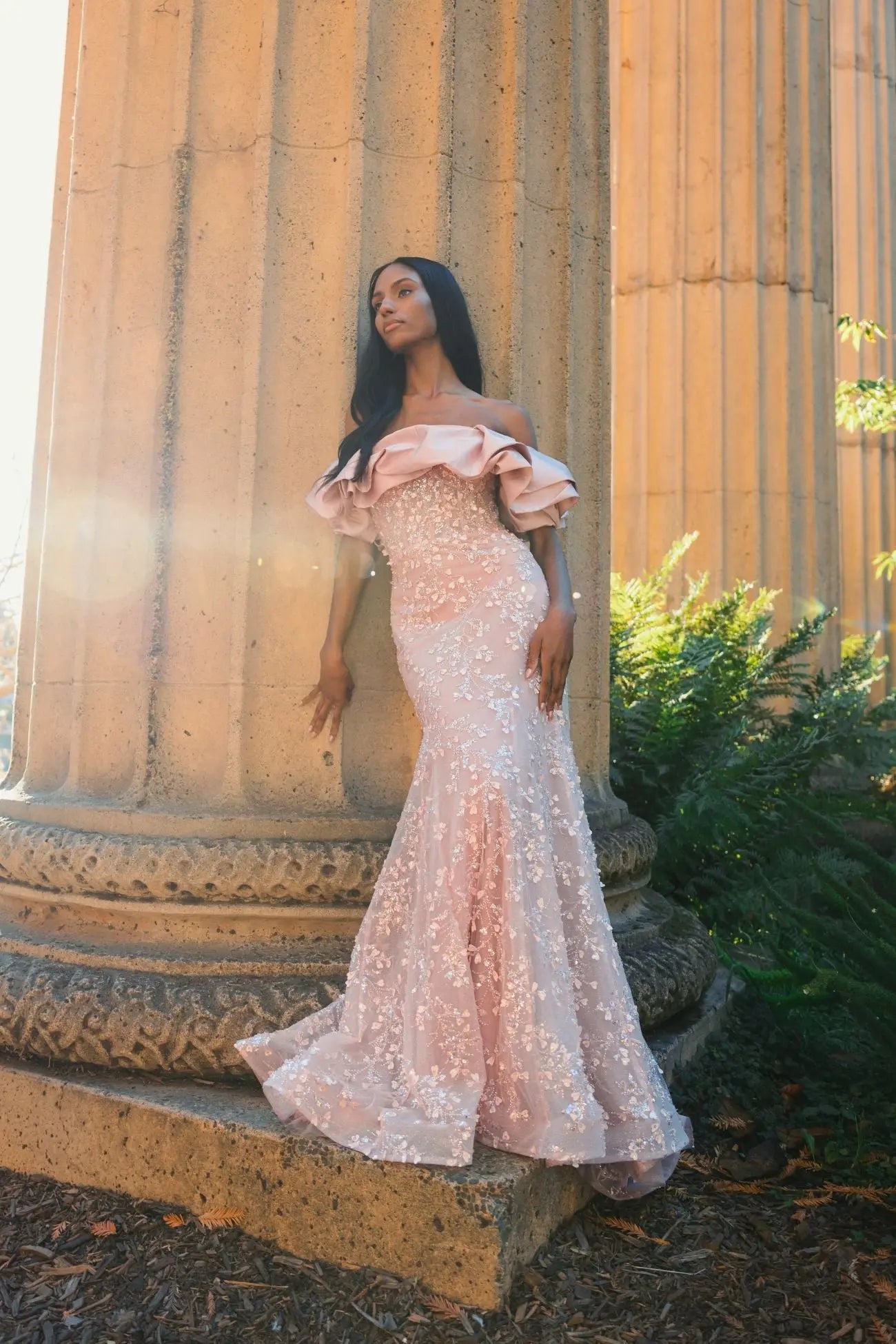 Pink Embellished Mermaid Gown With Off The Shoulder Ruffle | Mac