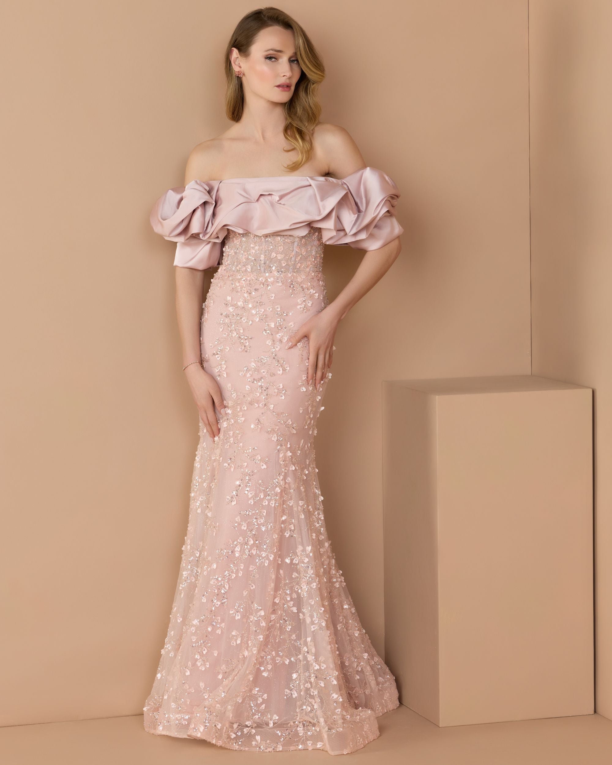 Pink Embellished Mermaid Gown With Off The Shoulder Ruffle