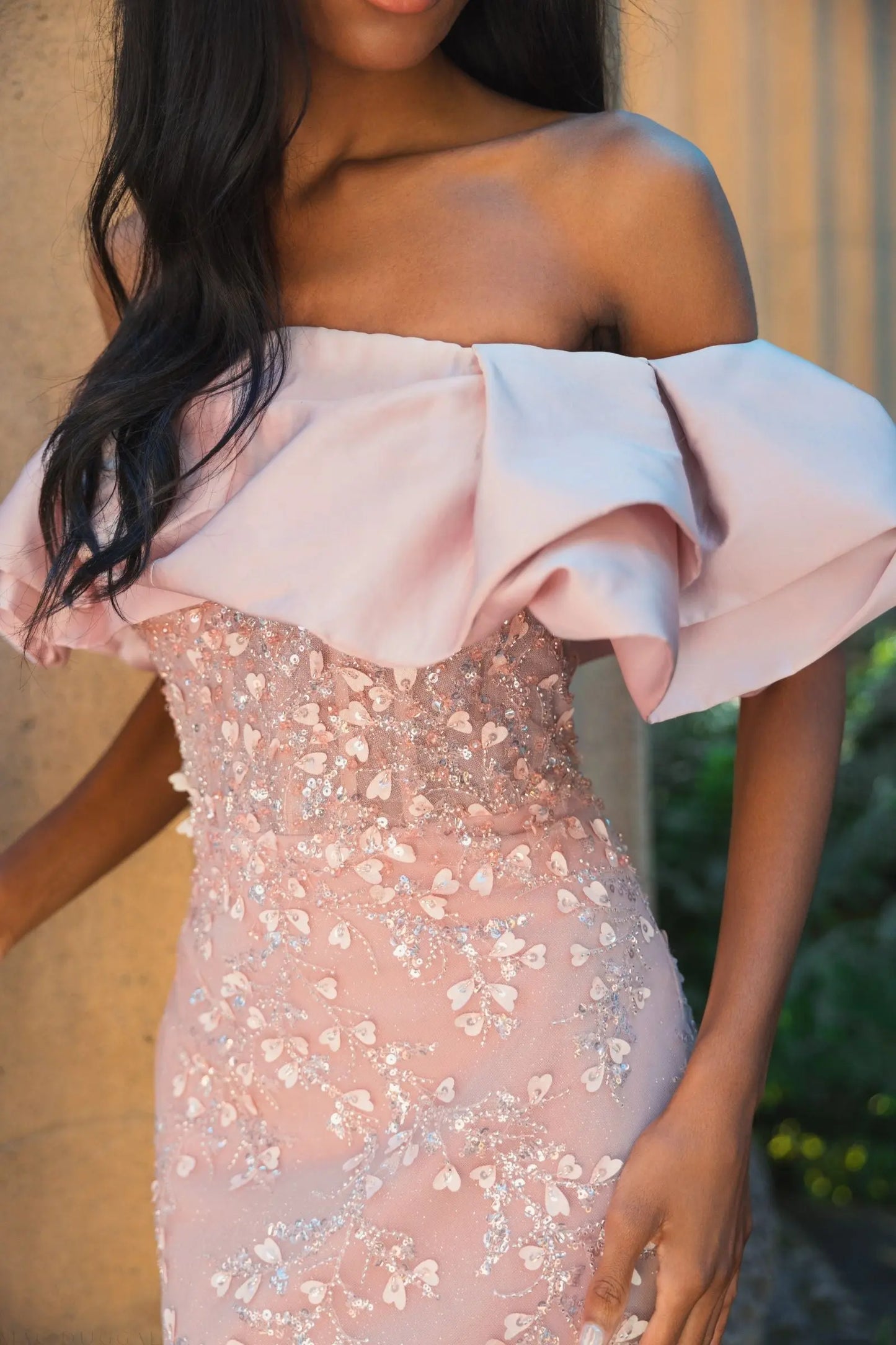 Pink Beaded Mermaid Gown With Off The Shoulder Ruffle - Mac Duggal