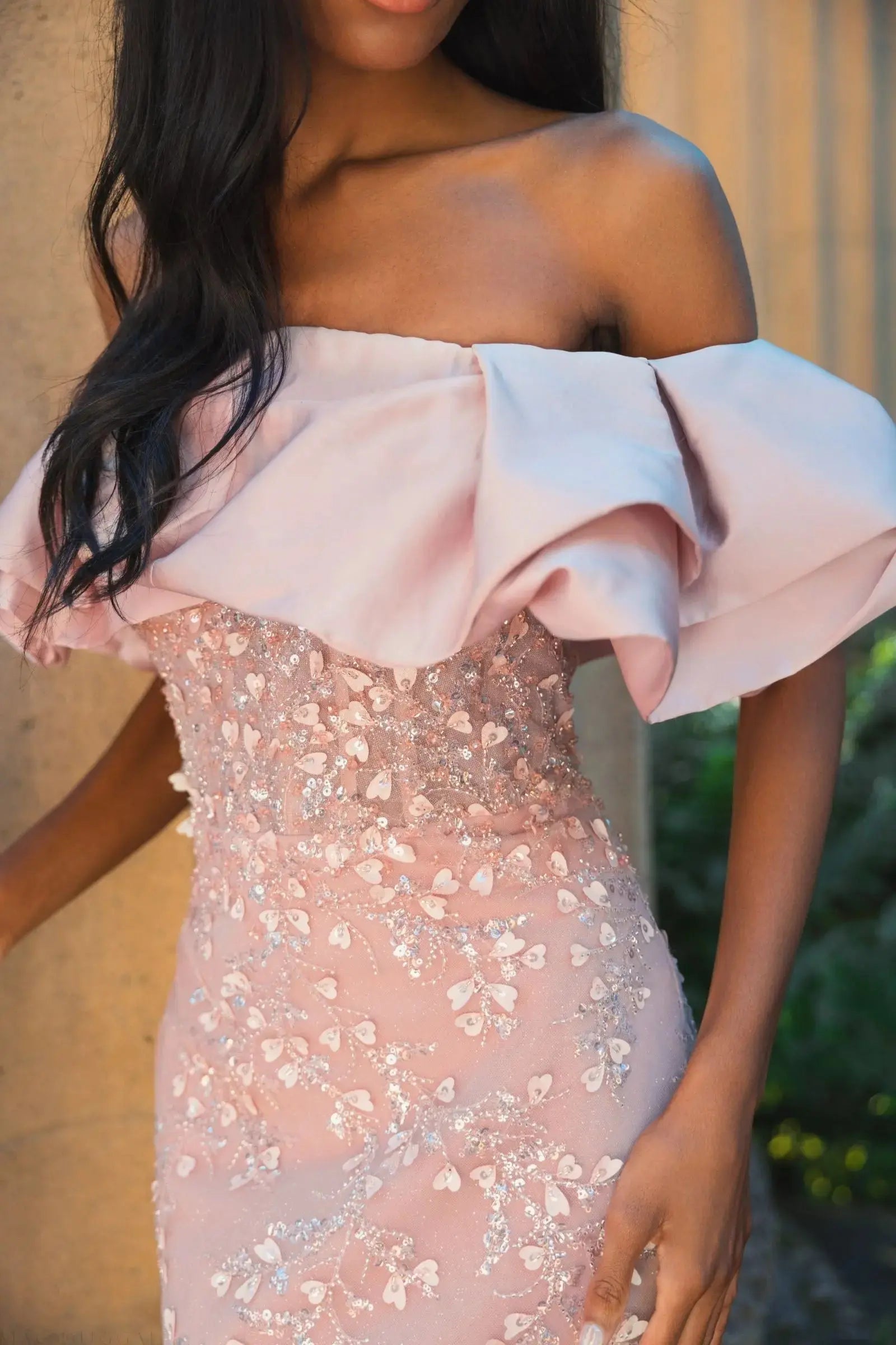 Pink Beaded Mermaid Gown With Off The Shoulder Ruffle - Mac Duggal