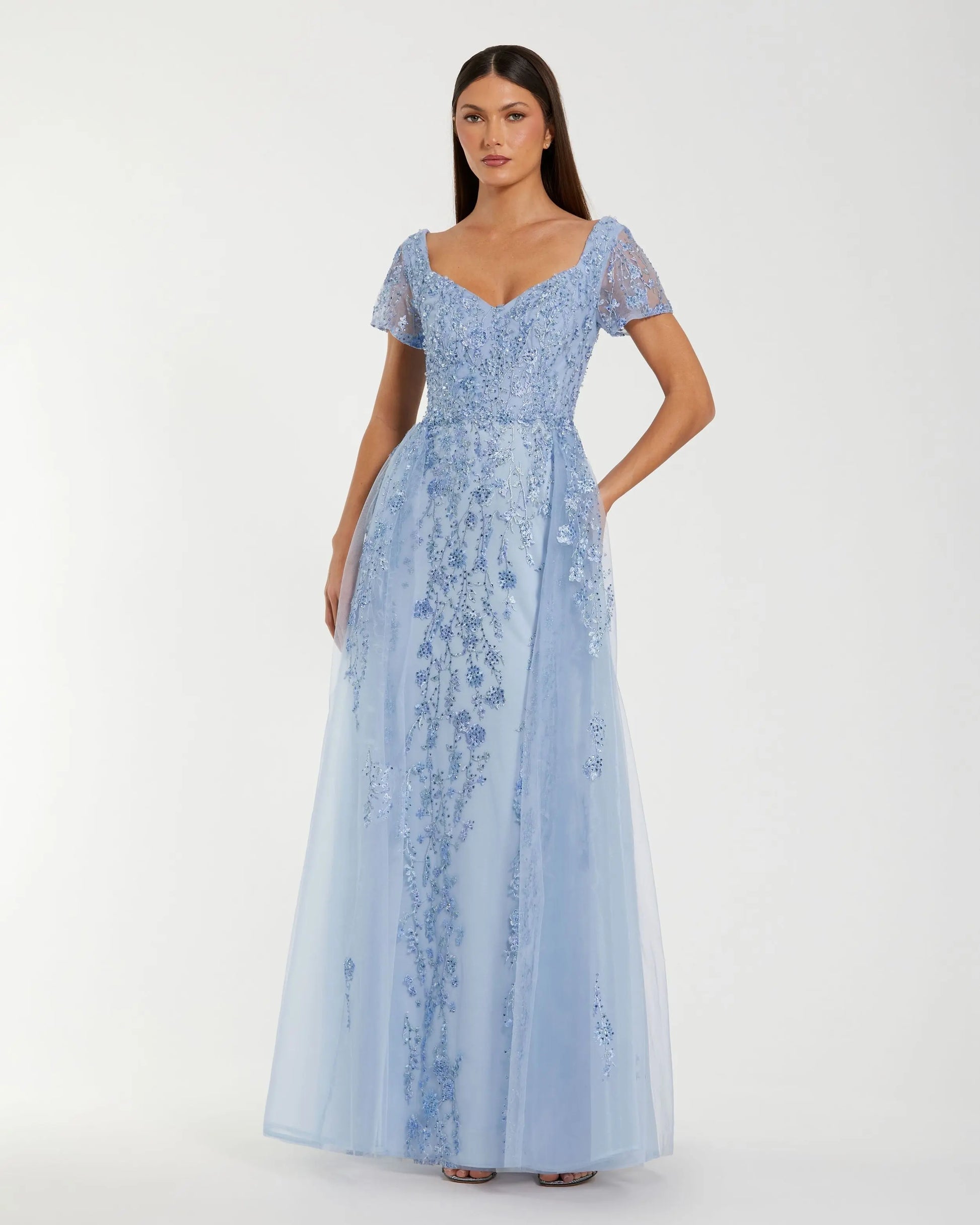 Blue Embroidered Beaded A-Line Gown with Overskirt | Mac Duggal Blue Embroidered Beaded A-Line Gown with Overskirt | Mac Duggal
