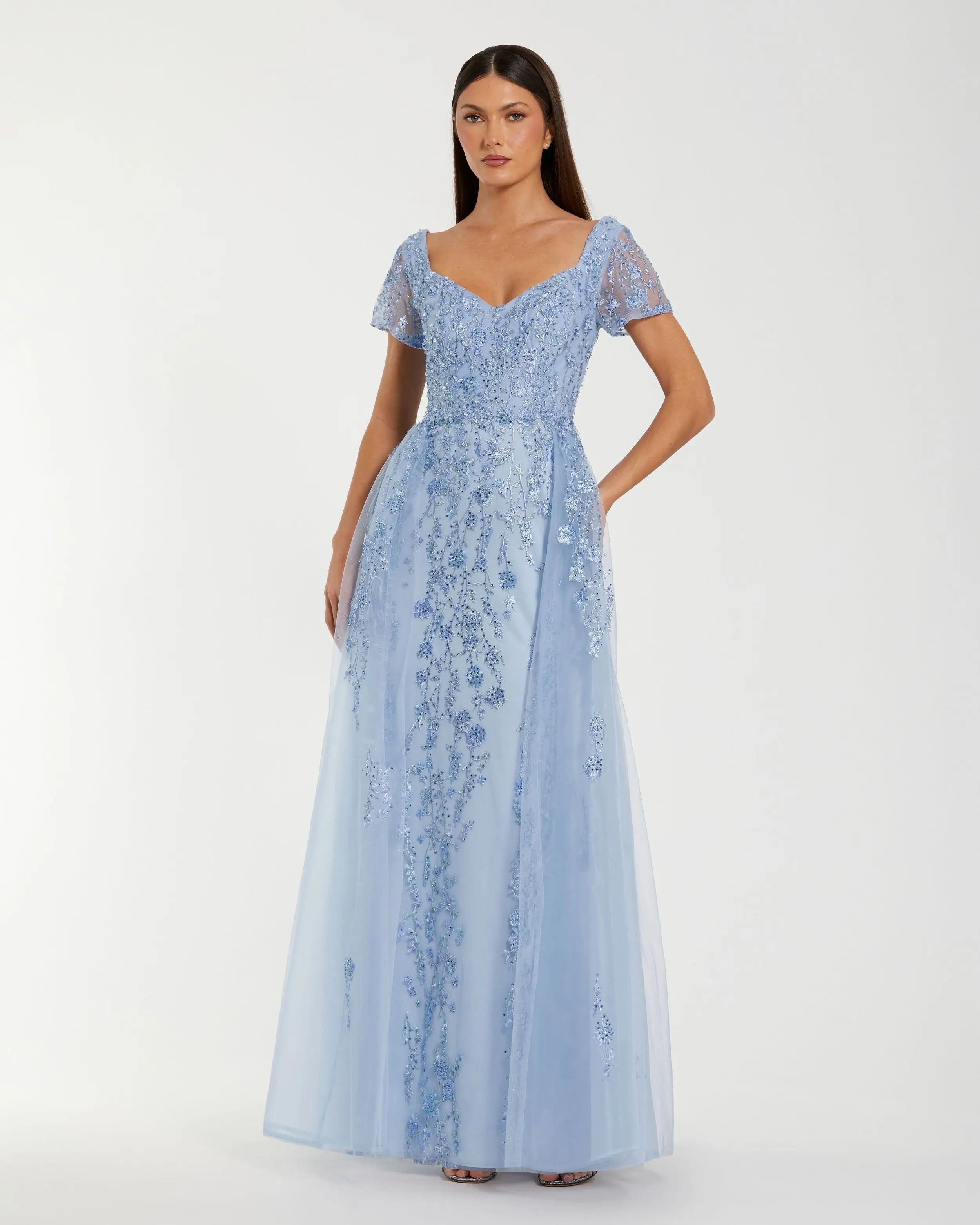 Blue Embroidered Beaded A-Line Gown with Overskirt Mac Duggal
