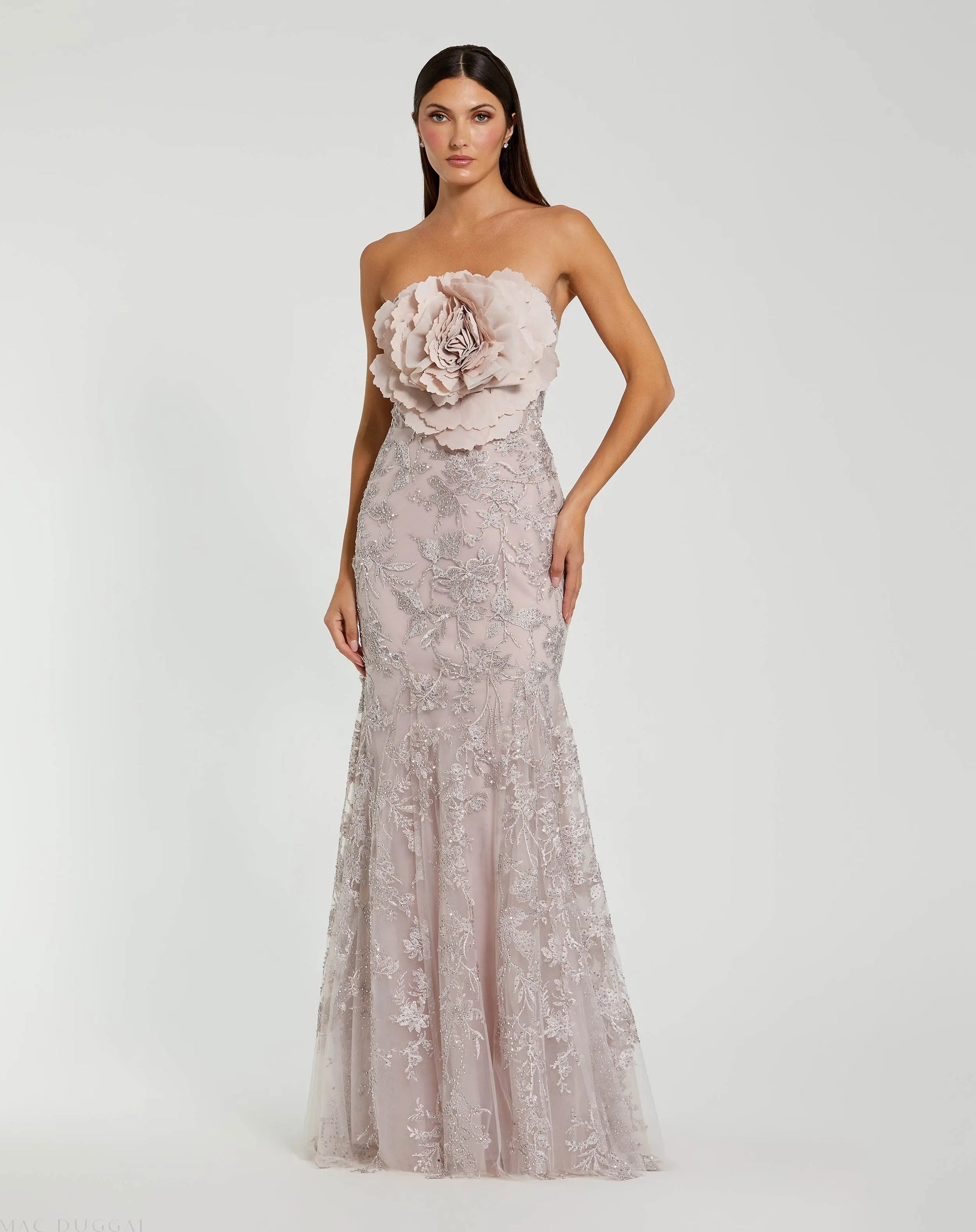 Strapless Lace Embellished Trumpet Gown With 3D Flower | Mac Duggal Strapless Lace Embellished Trumpet Gown With 3D Flower | Mac Duggal