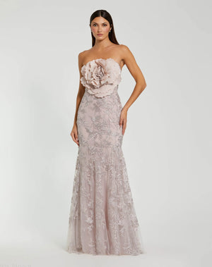 Strapless Lace Embellished Trumpet Gown With 3D Flower
