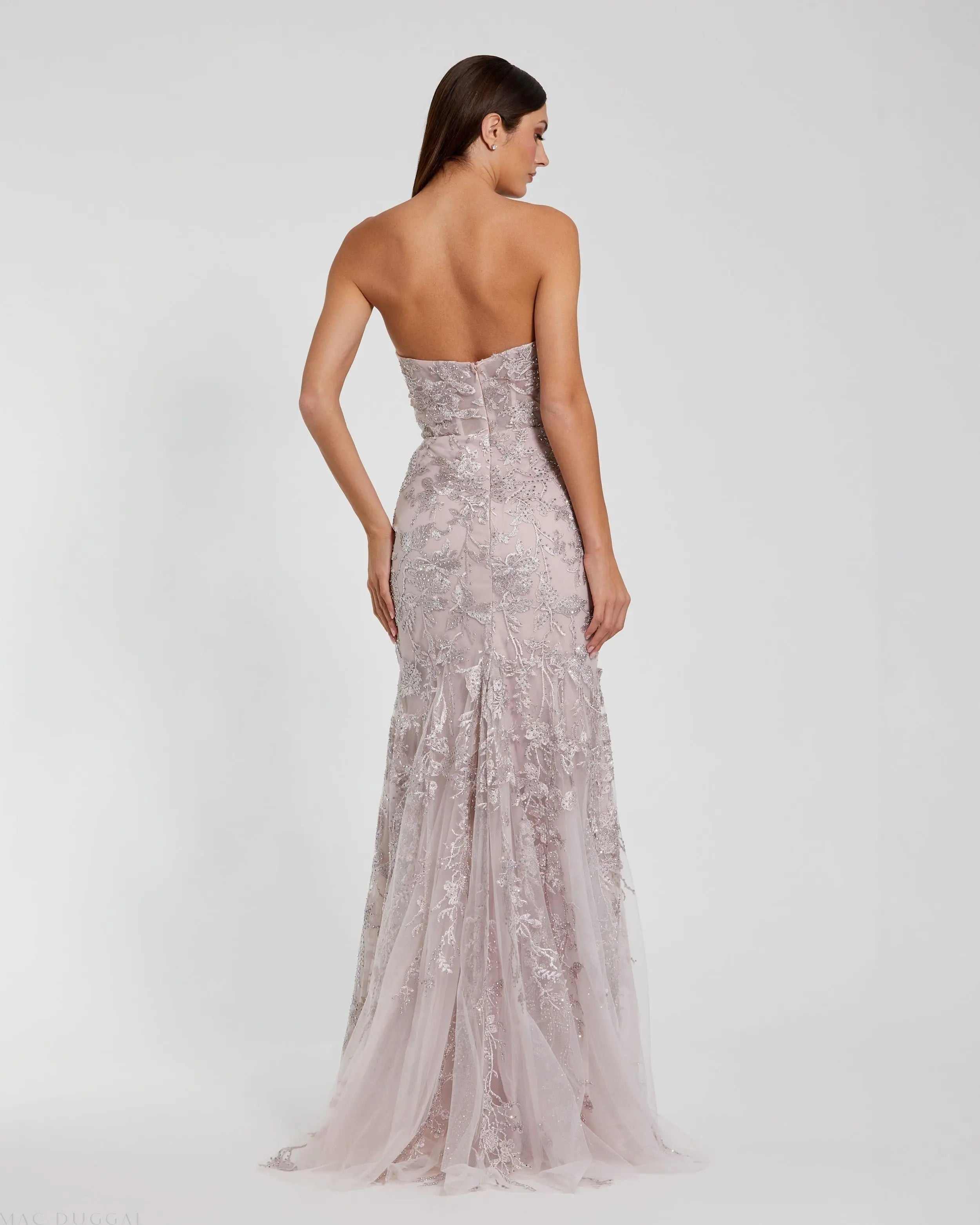 Pink Strapless Lace Embellished Trumpet Gown With 3D Flower Mac Duggal