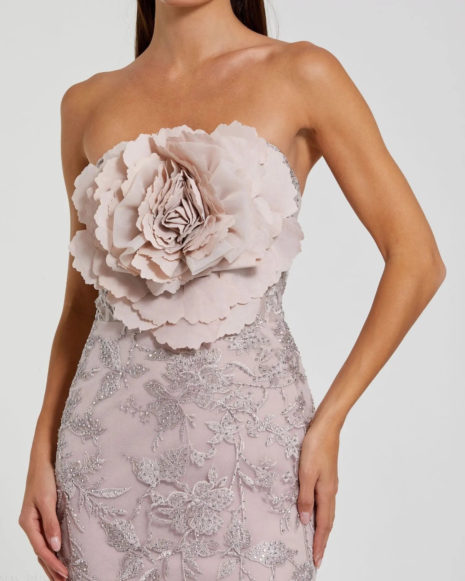 Strapless Lace Embellished Trumpet Gown With 3D Flower | Mac Duggal Mocha / US 4 Strapless Lace Embellished Trumpet Gown With 3D Flower | Mac Duggal Mocha / US 4