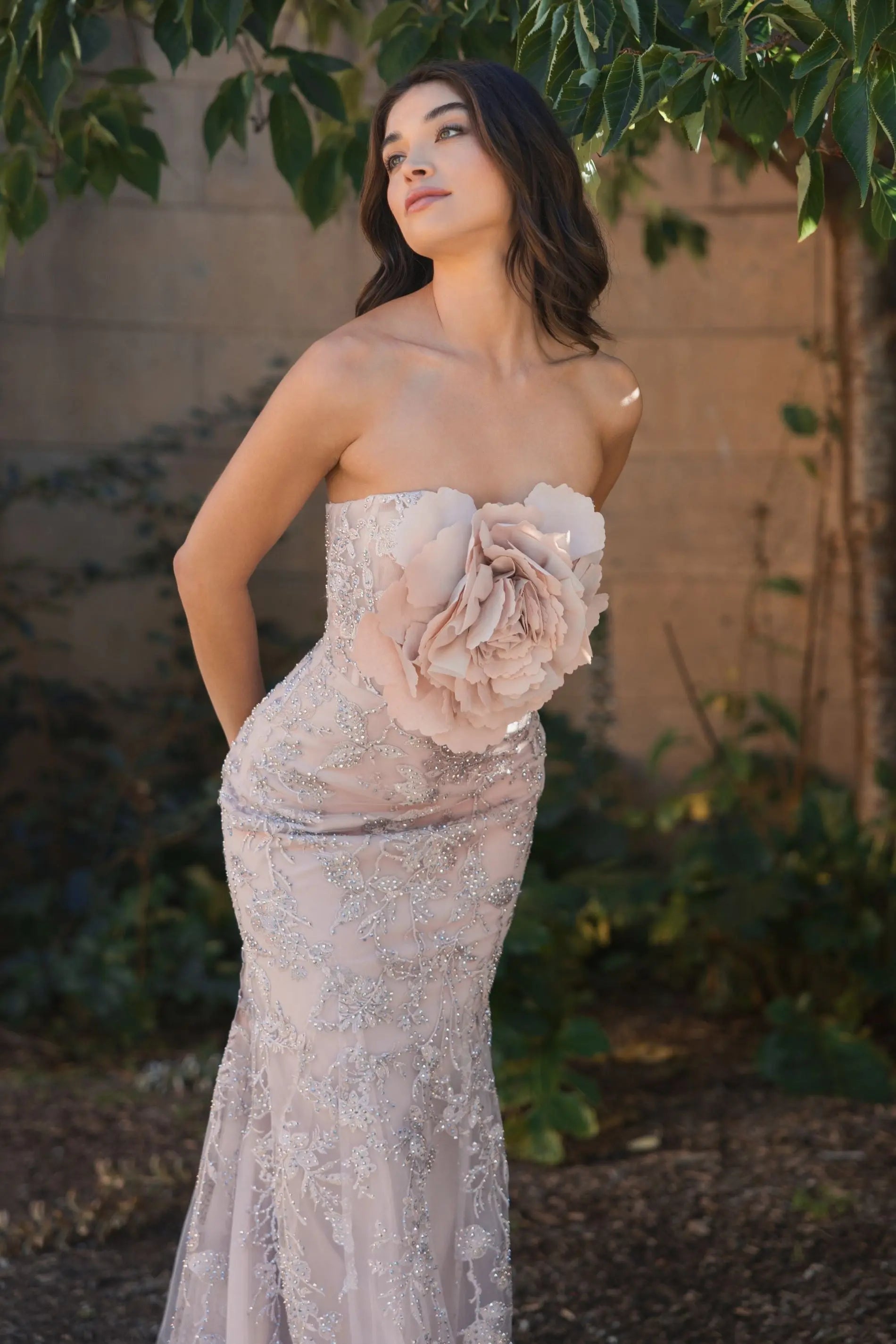 Pink Strapless Lace Embellished Trumpet Gown With 3D Flower - Mac Duggal
