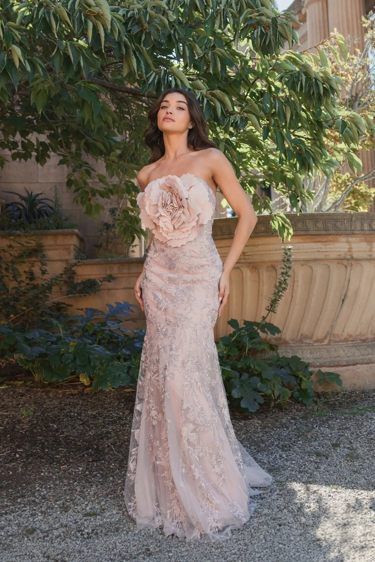 Pink Strapless Lace Embellished Trumpet Gown With 3D Flower - Mac Duggal