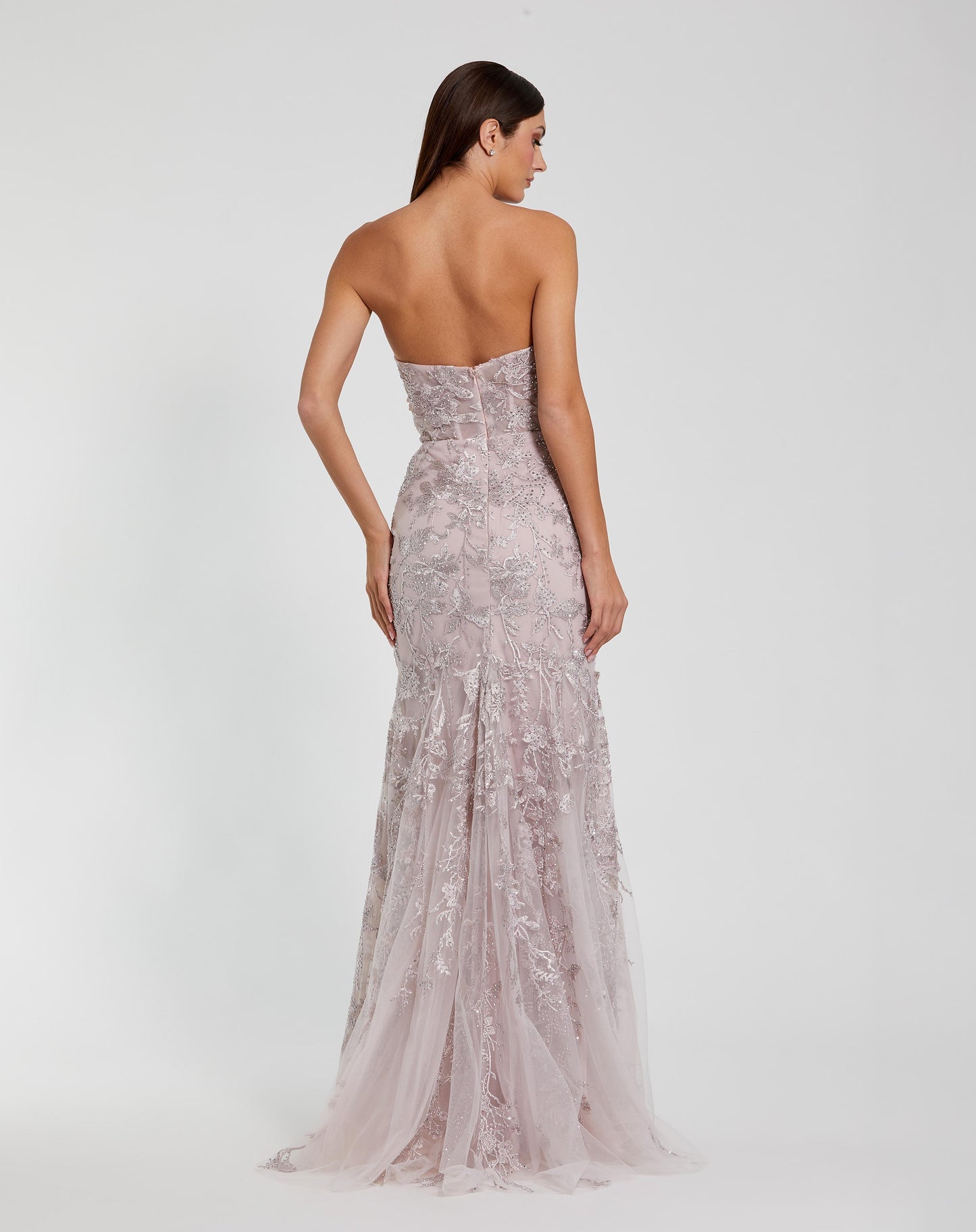 Pink Strapless Beaded Applique Mermaid Gown With Flower