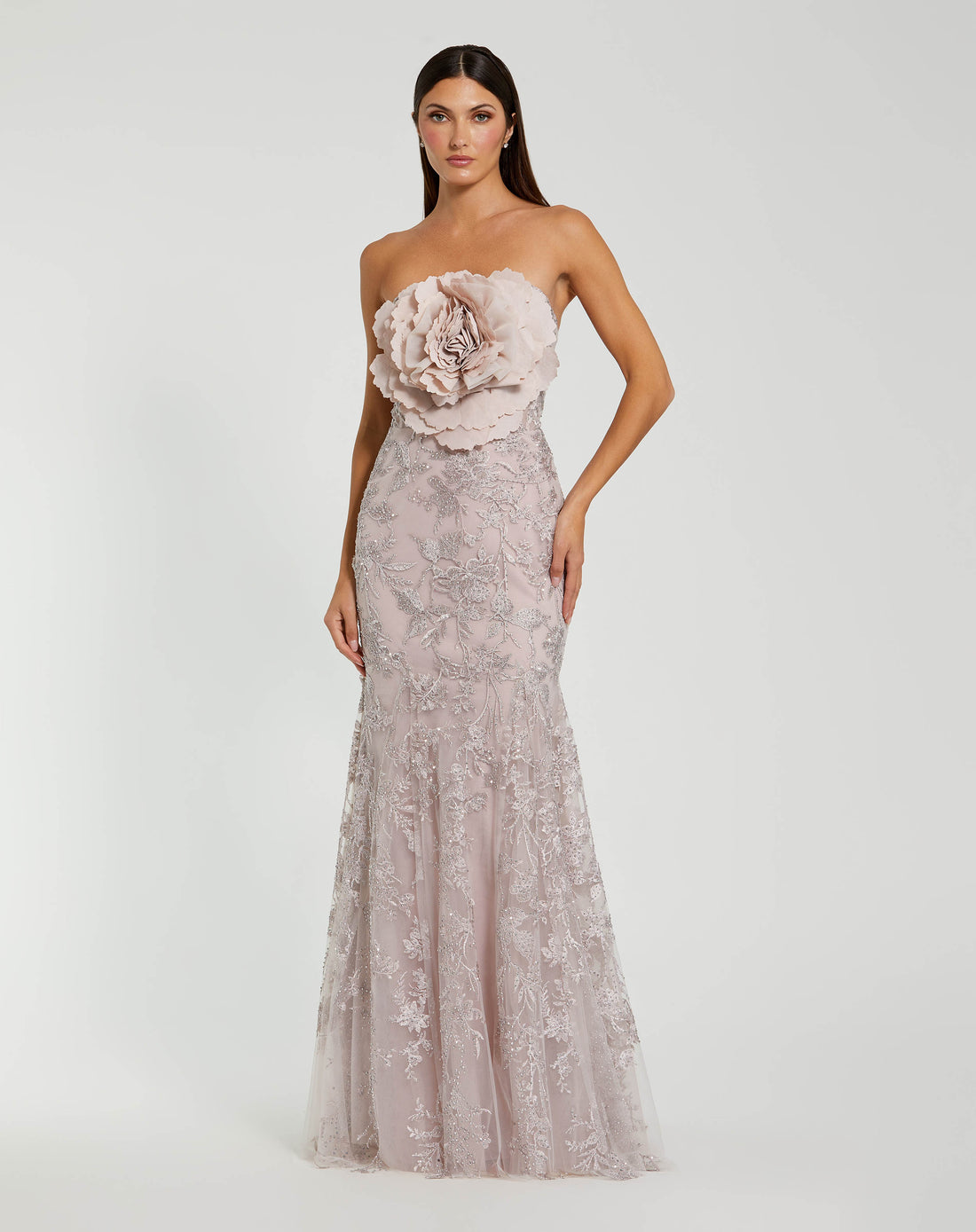 Pink Strapless Beaded Applique Mermaid Gown With Flower