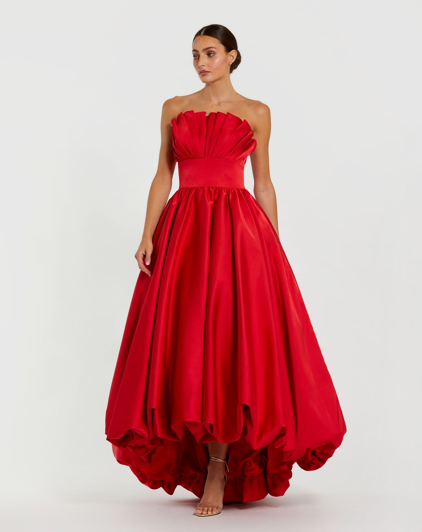 Red Strapless Bubble Hem High Low Ball Gown - Ieena for Mac Duggal
