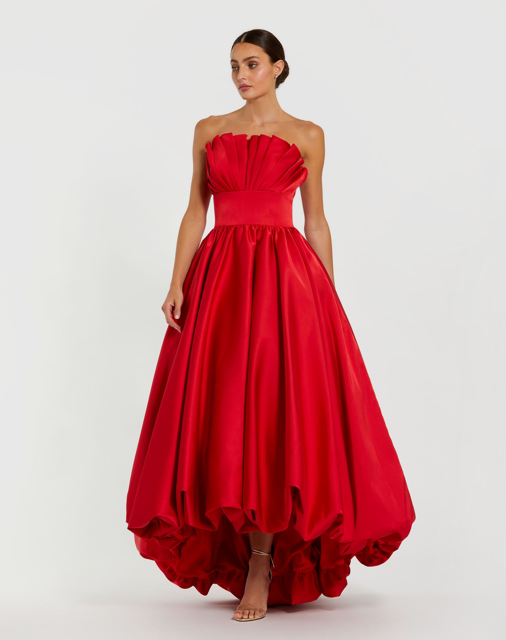 Red Strapless Bubble Hem High Low Ball Gown - Ieena for Mac Duggal