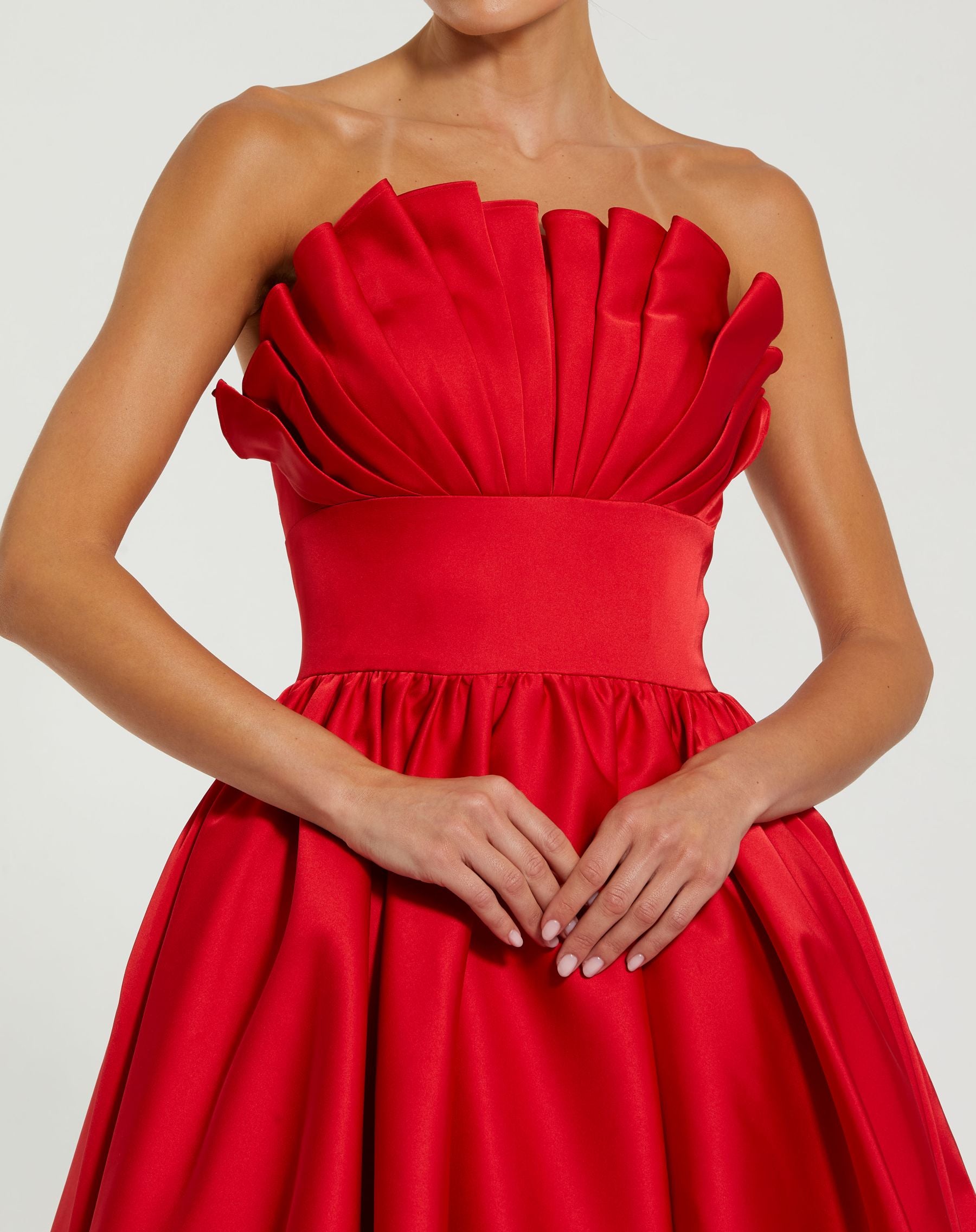 Red Strapless Bubble Hem High Low Ball Gown - Ieena for Mac Duggal