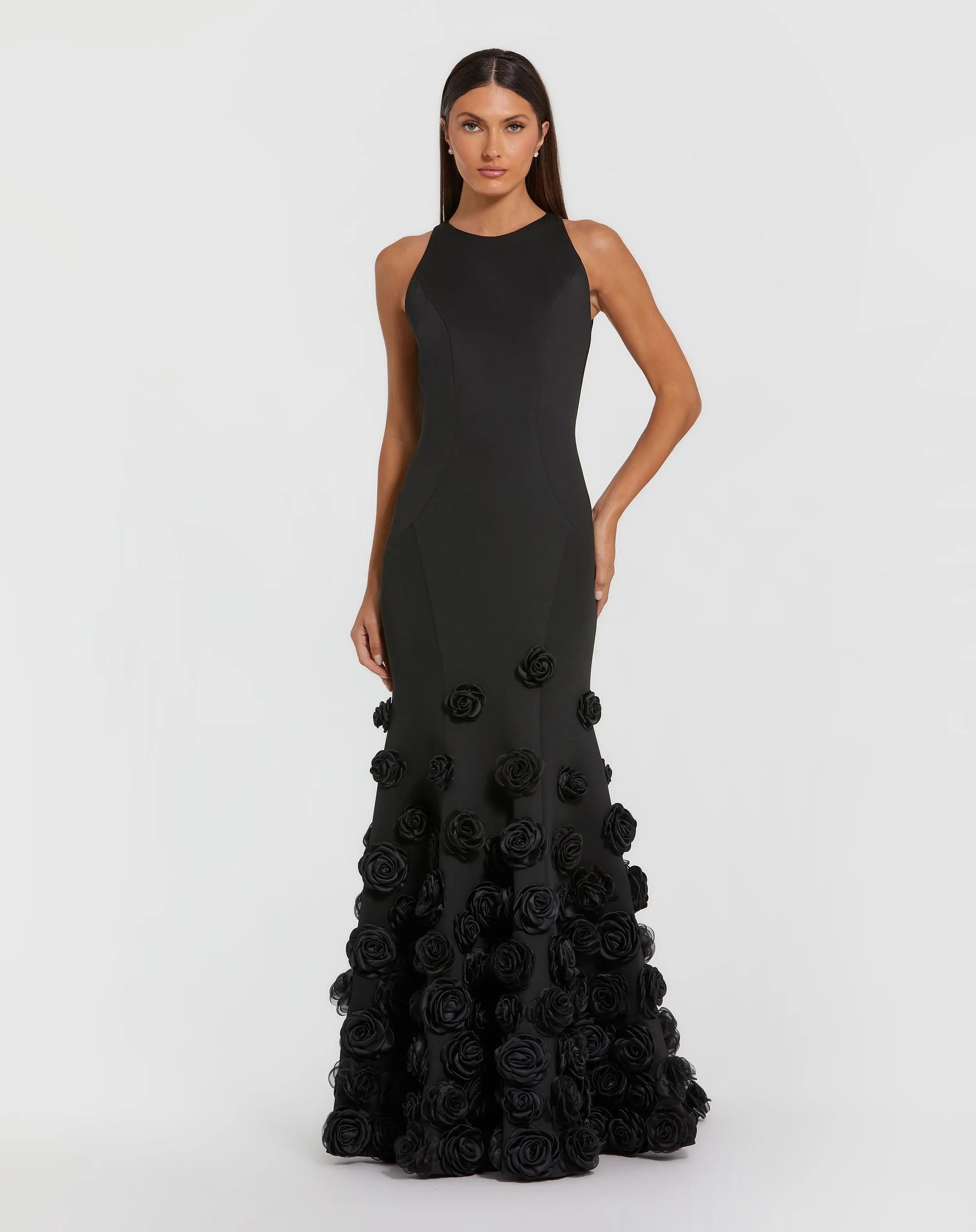 Black Sleeveless Stretch Crepe Mermaid Floral Hem Gown - Mac Duggal