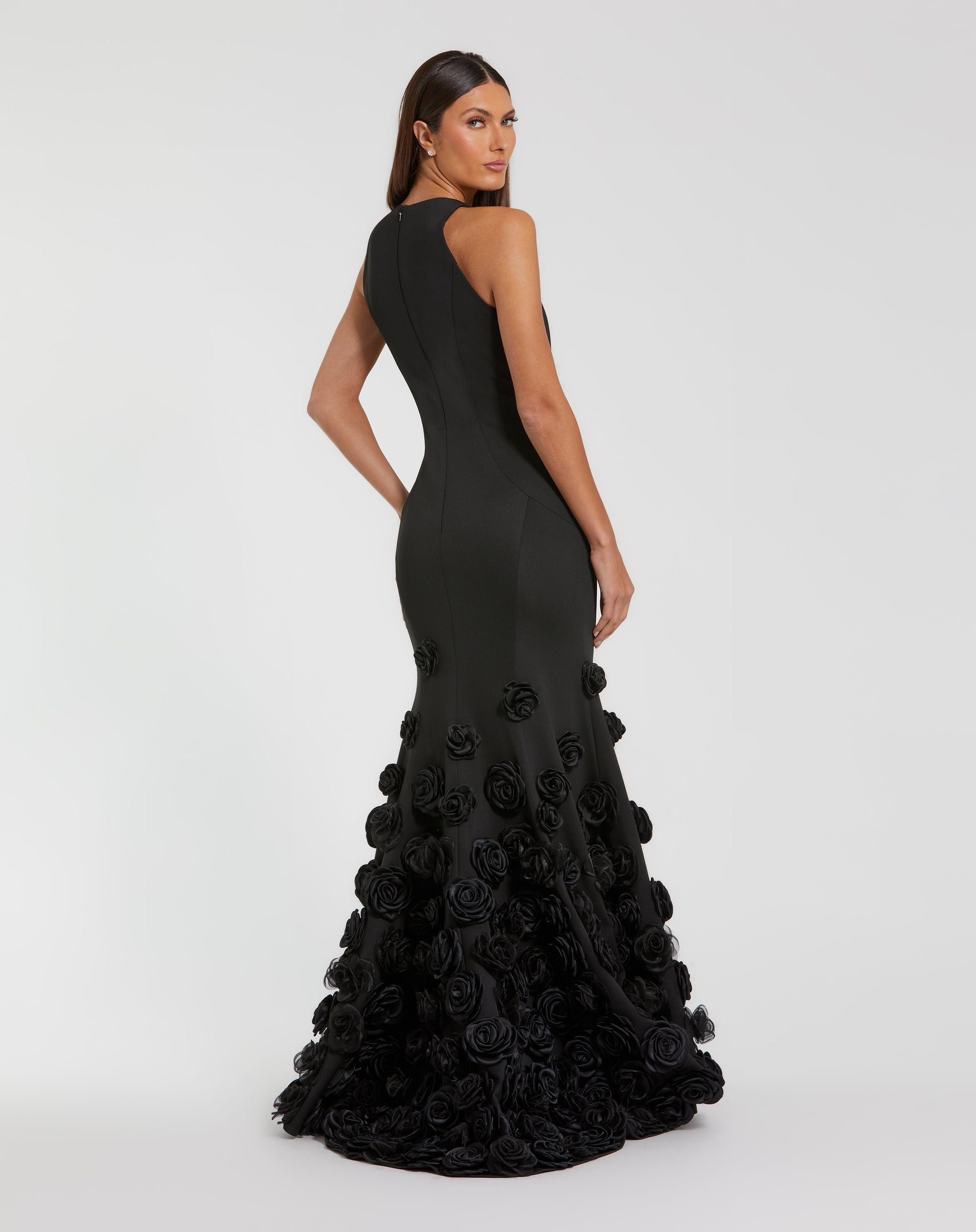 Black Sleeveless Stretch Crepe Mermaid Floral Hem Gown - Mac Duggal
