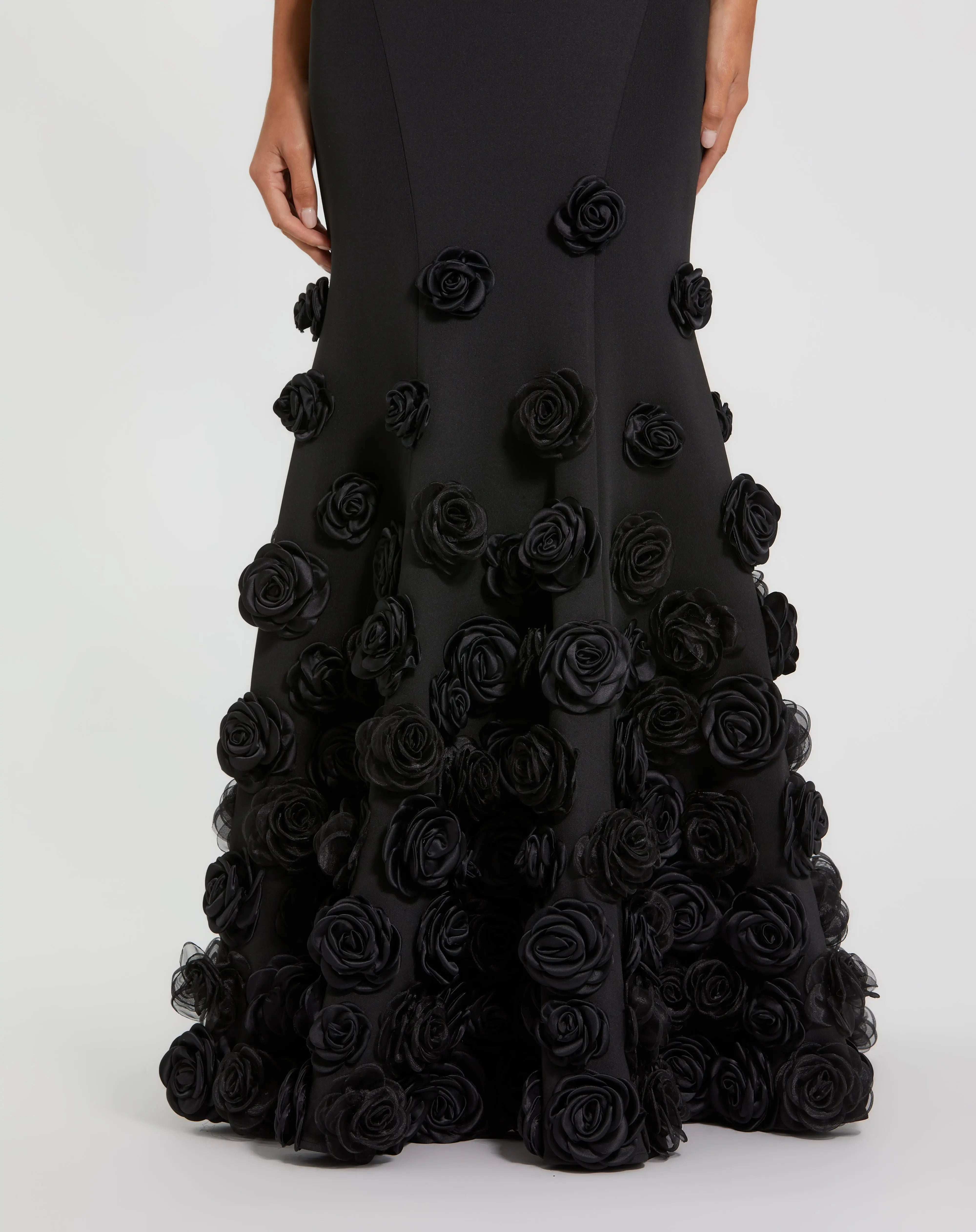 Black Sleeveless Crepe Mermaid Gown with 3D Floral Hem Mac Duggal