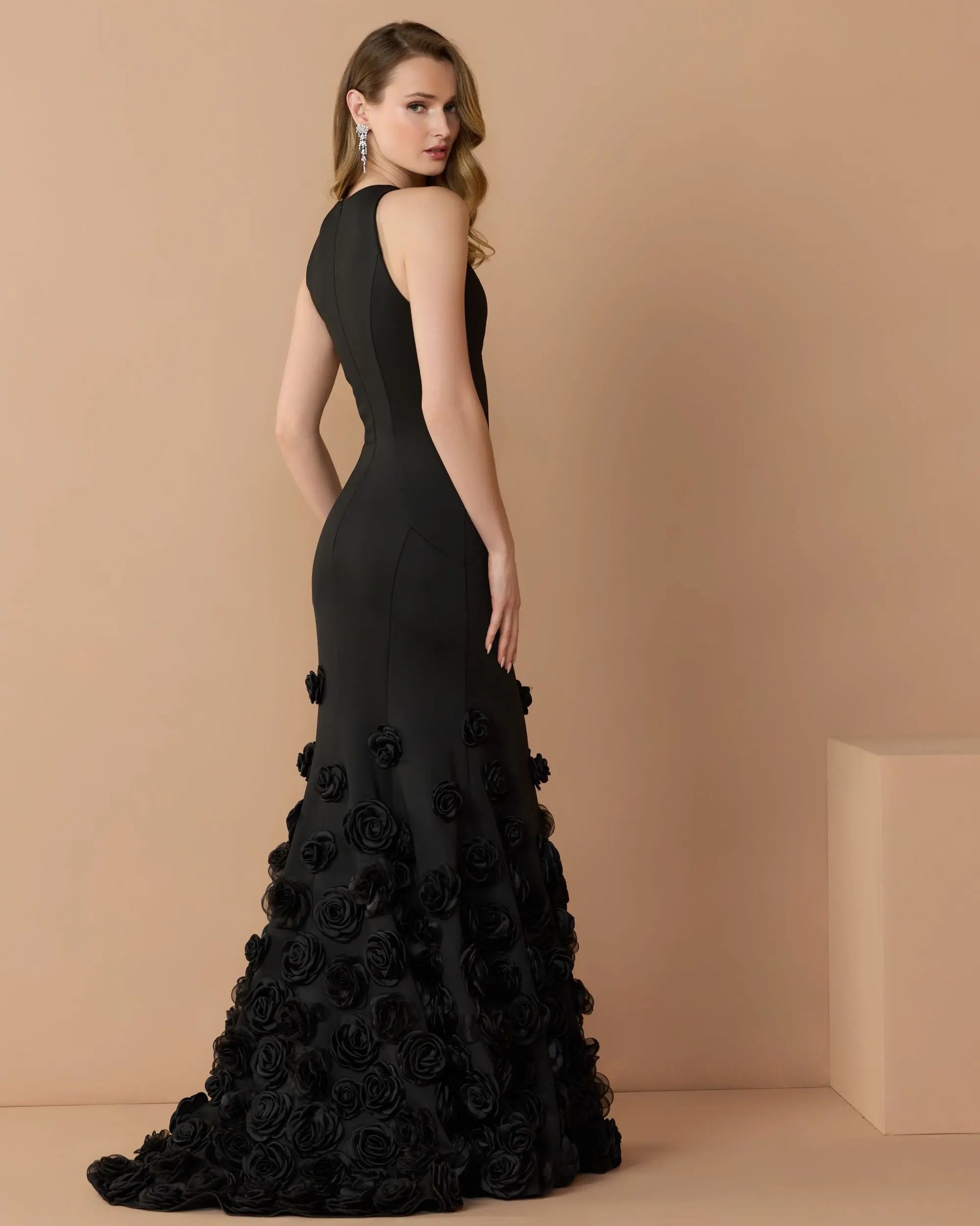 Black Sleeveless Mermaid Gown With 3D Floral Hem - Mac Duggal