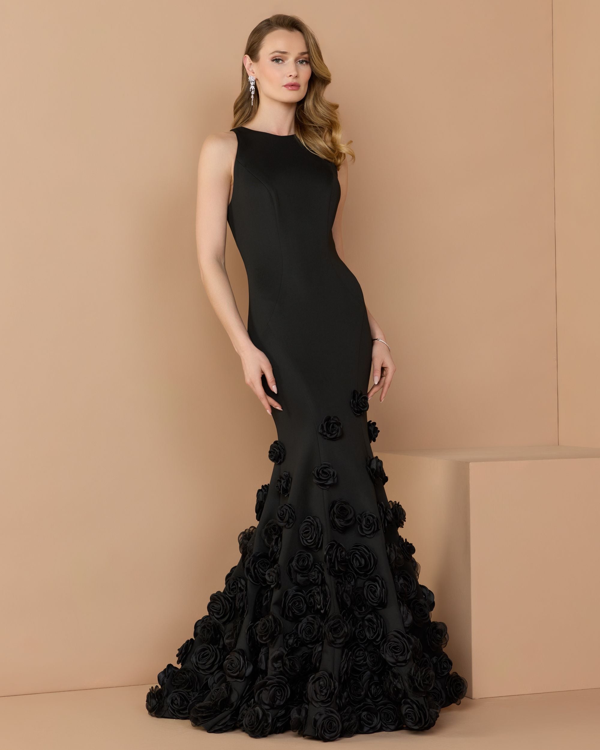Black Sleeveless Crepe Mermaid Gown with 3D Floral Hem