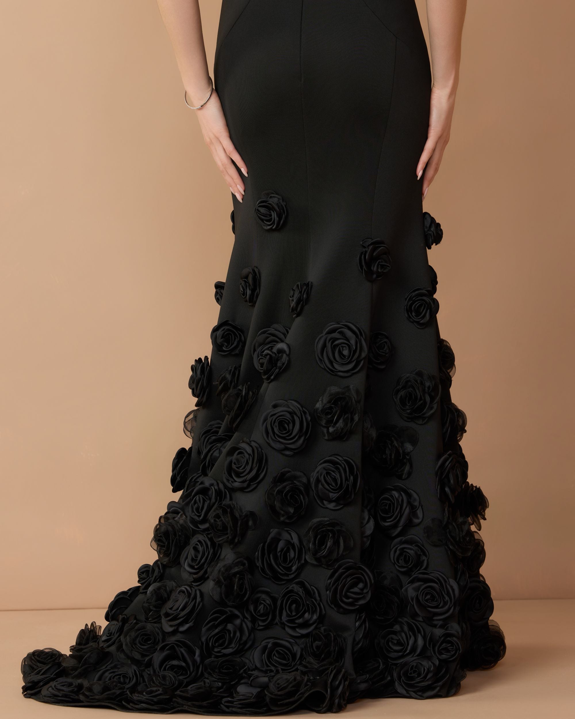 Black Sleeveless Crepe Mermaid Gown with 3D Floral Hem