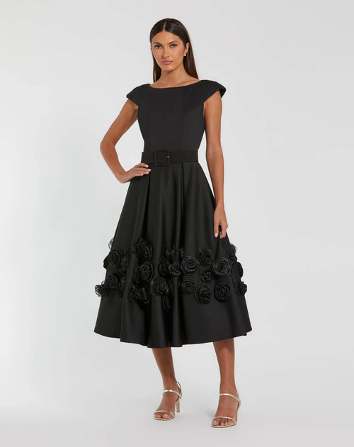 Black Satin Cap Sleeve A Line Midi Dress With 3D Flowers - Mac Duggal