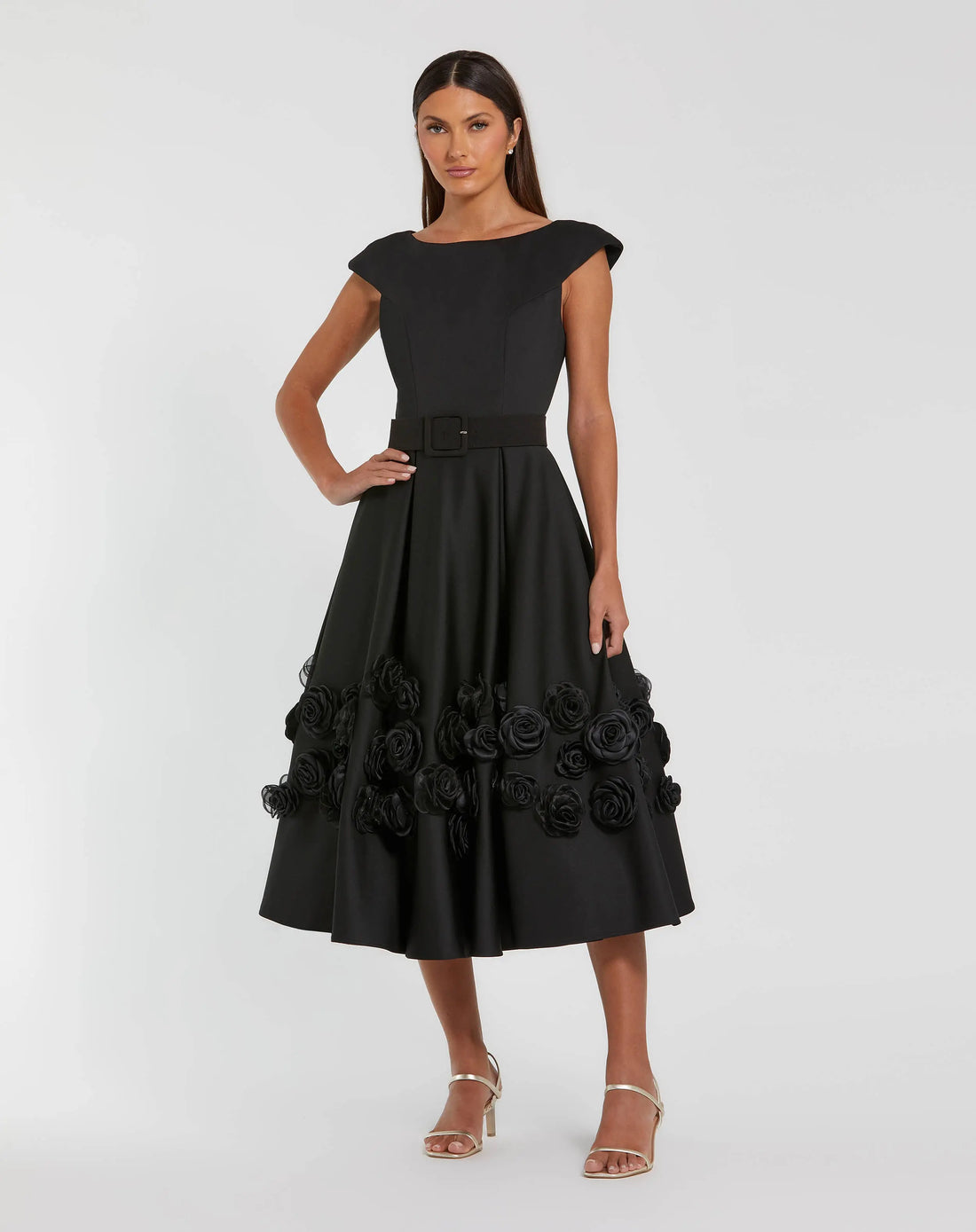 Black Satin Cap Sleeve A Line Midi Dress With 3D Flowers - Mac Duggal