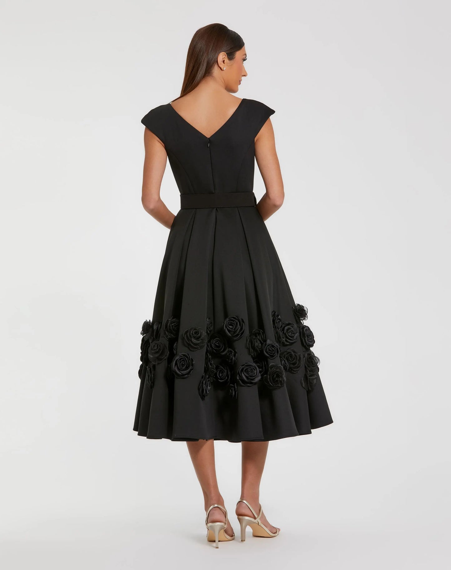 Black Satin Cap Sleeve A Line Midi Dress With 3D Flowers Mac Duggal