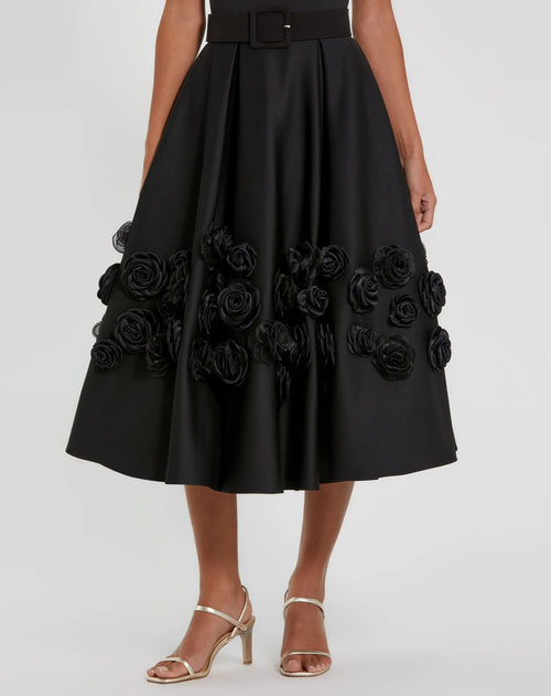 Black Satin Cap Sleeve A Line Midi Dress With 3D Flowers Mac Duggal
