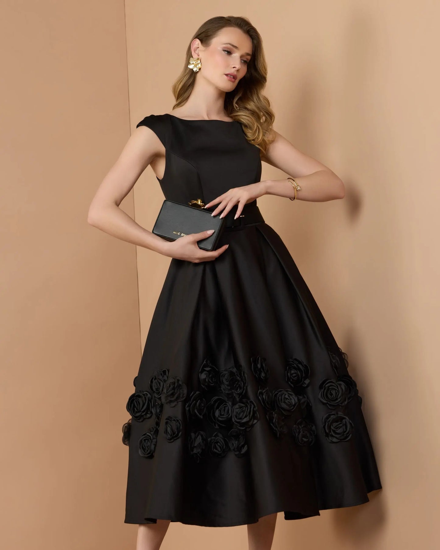 Black Satin Cap Sleeve Midi Dress With 3D Flowers - Mac Duggal