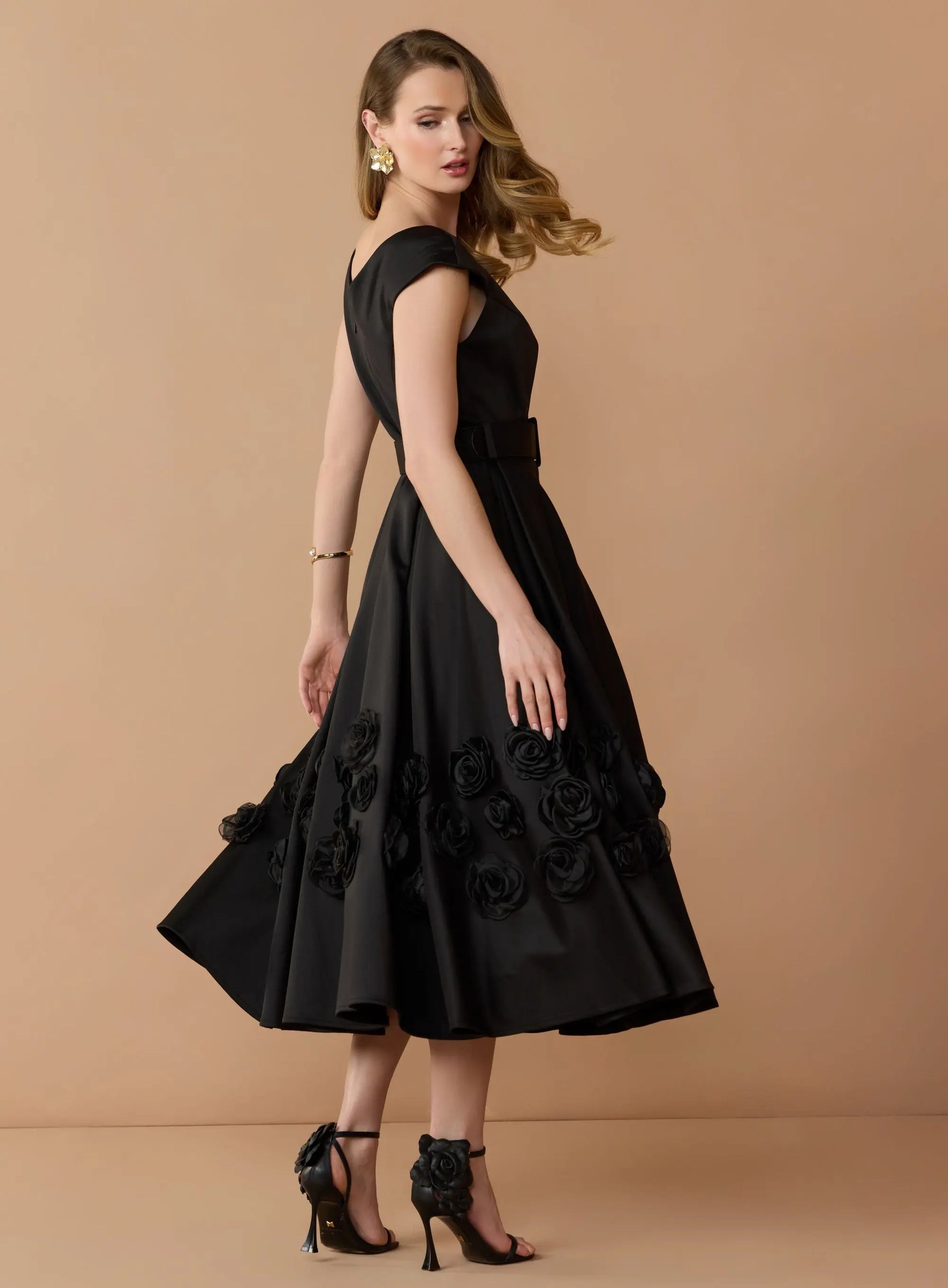 Black Satin Cap Sleeve Midi Dress With 3D Flowers - Mac Duggal