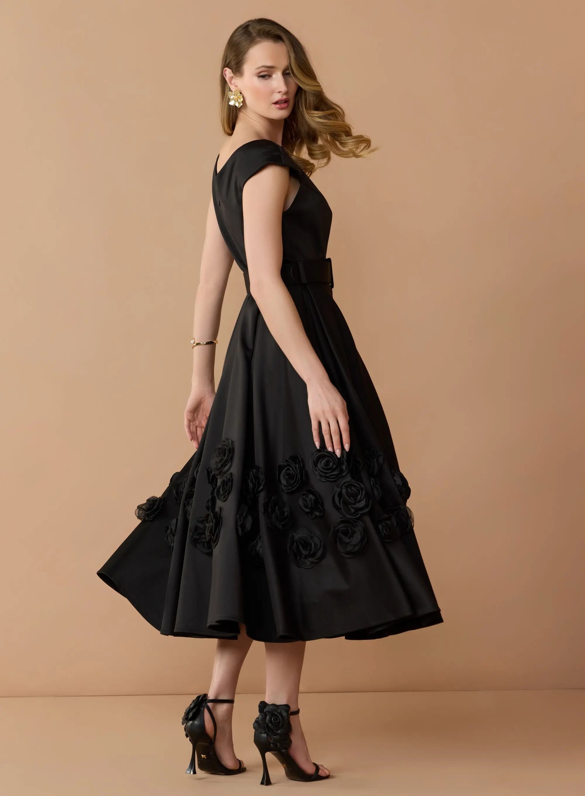 Black Satin Cap Sleeve Midi Dress With 3D Flowers - Mac Duggal