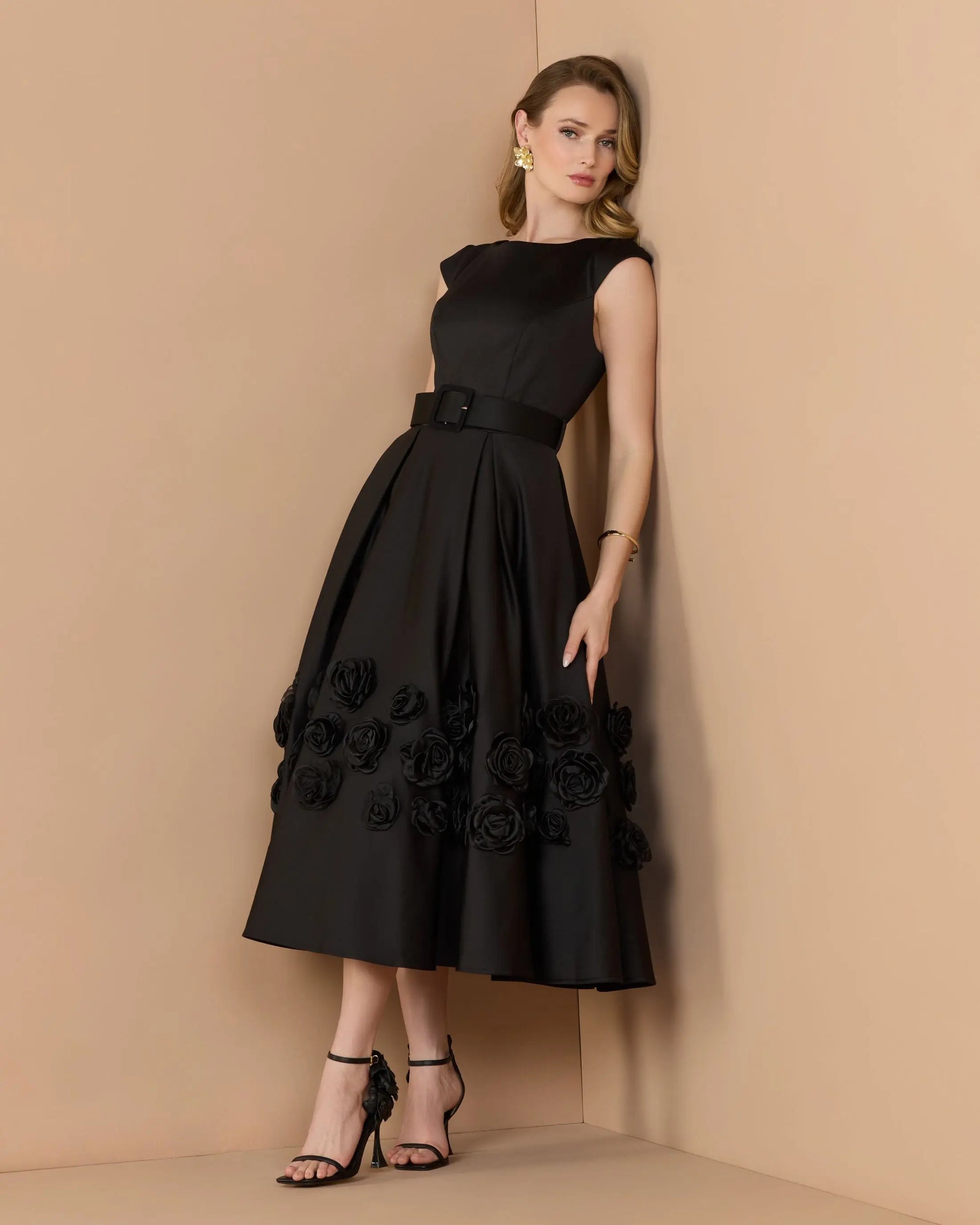 Black Satin Cap Sleeve Midi Dress With 3D Flowers - Mac Duggal