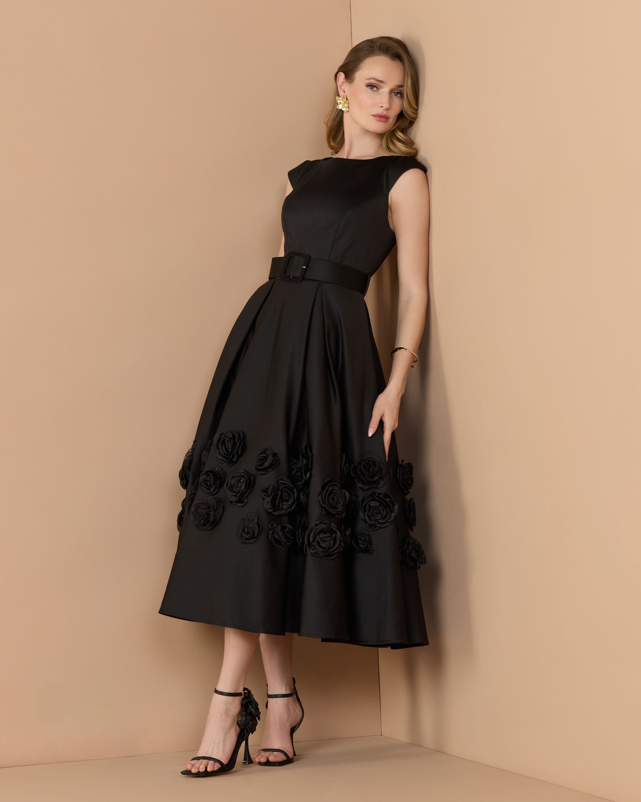 Black Satin Cap Sleeve A Line Midi Dress With 3D Flowers