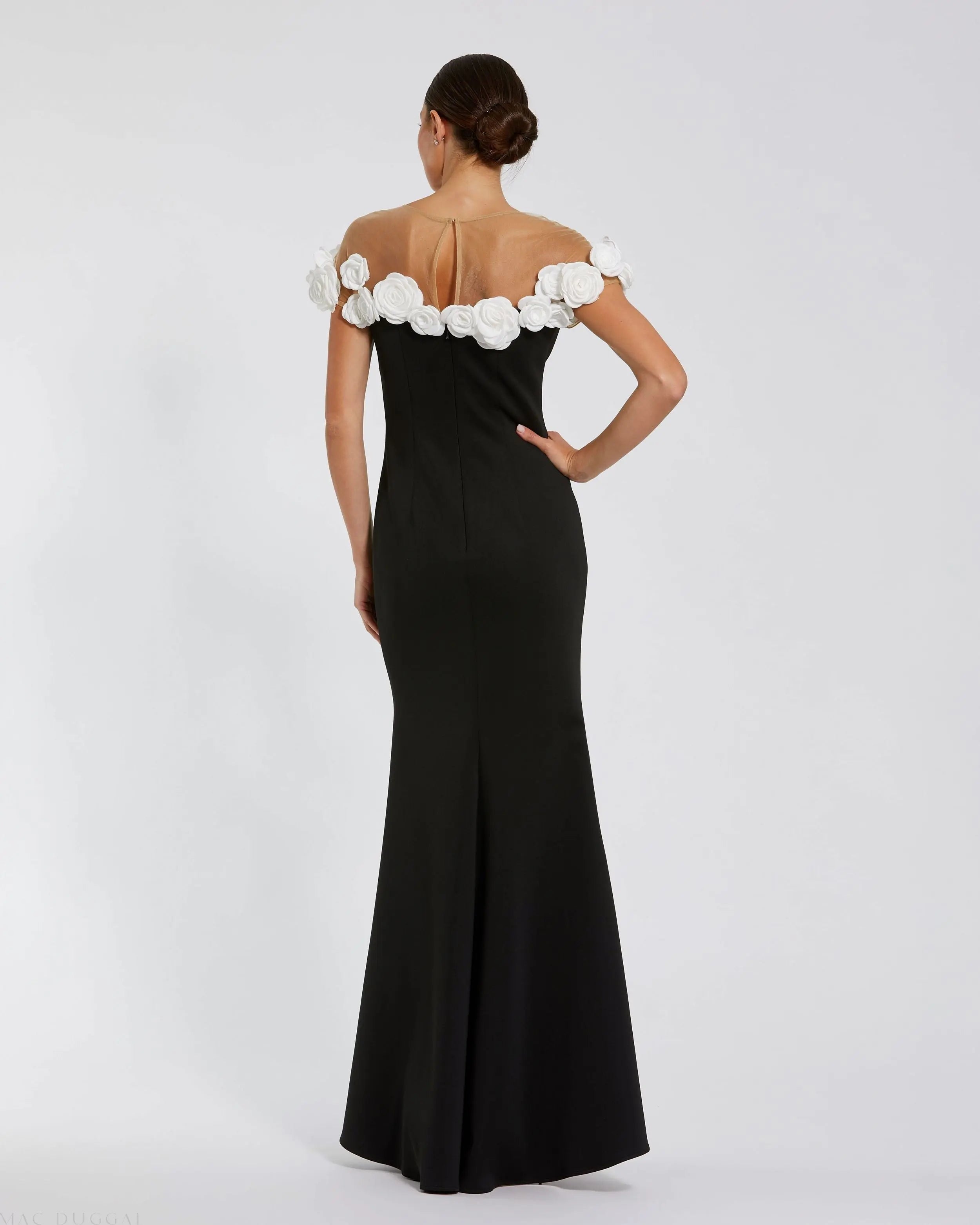 Black and White Stretch Crepe Mermaid Gown With 3D Flowers - Mac Duggal
