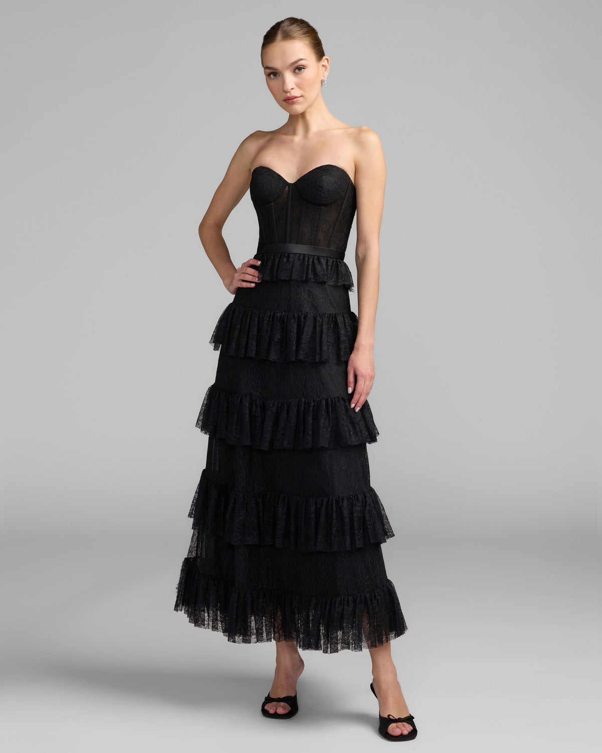 Black Strapless Tiered Lace Midi Dress - Ieena for Mac Duggal