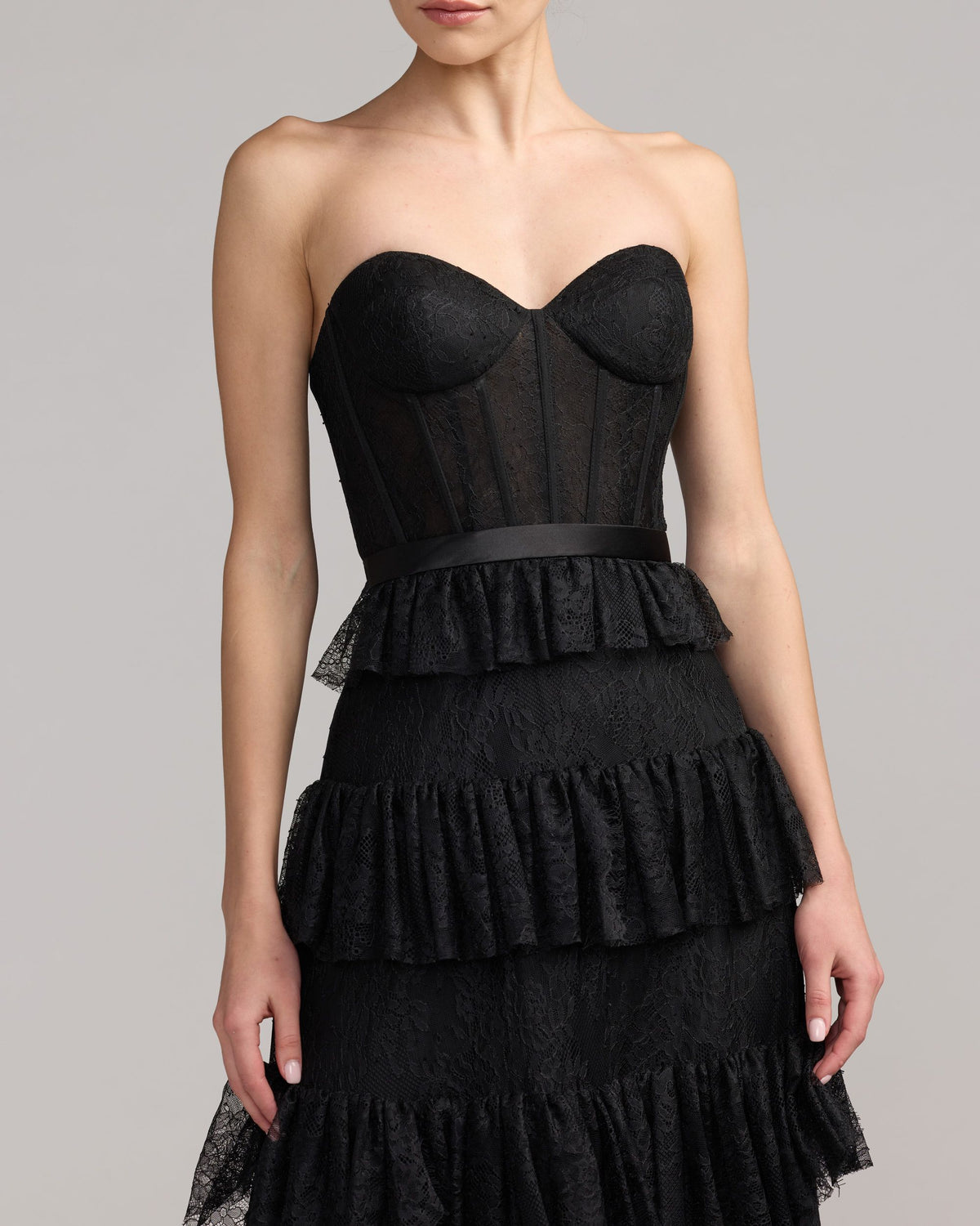 Black Strapless Tiered Lace Midi Dress - Ieena for Mac Duggal