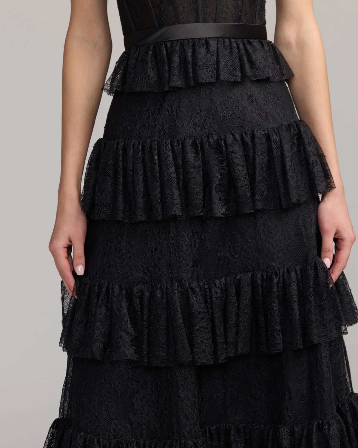 Black Strapless Tiered Lace Midi Dress - Ieena for Mac Duggal