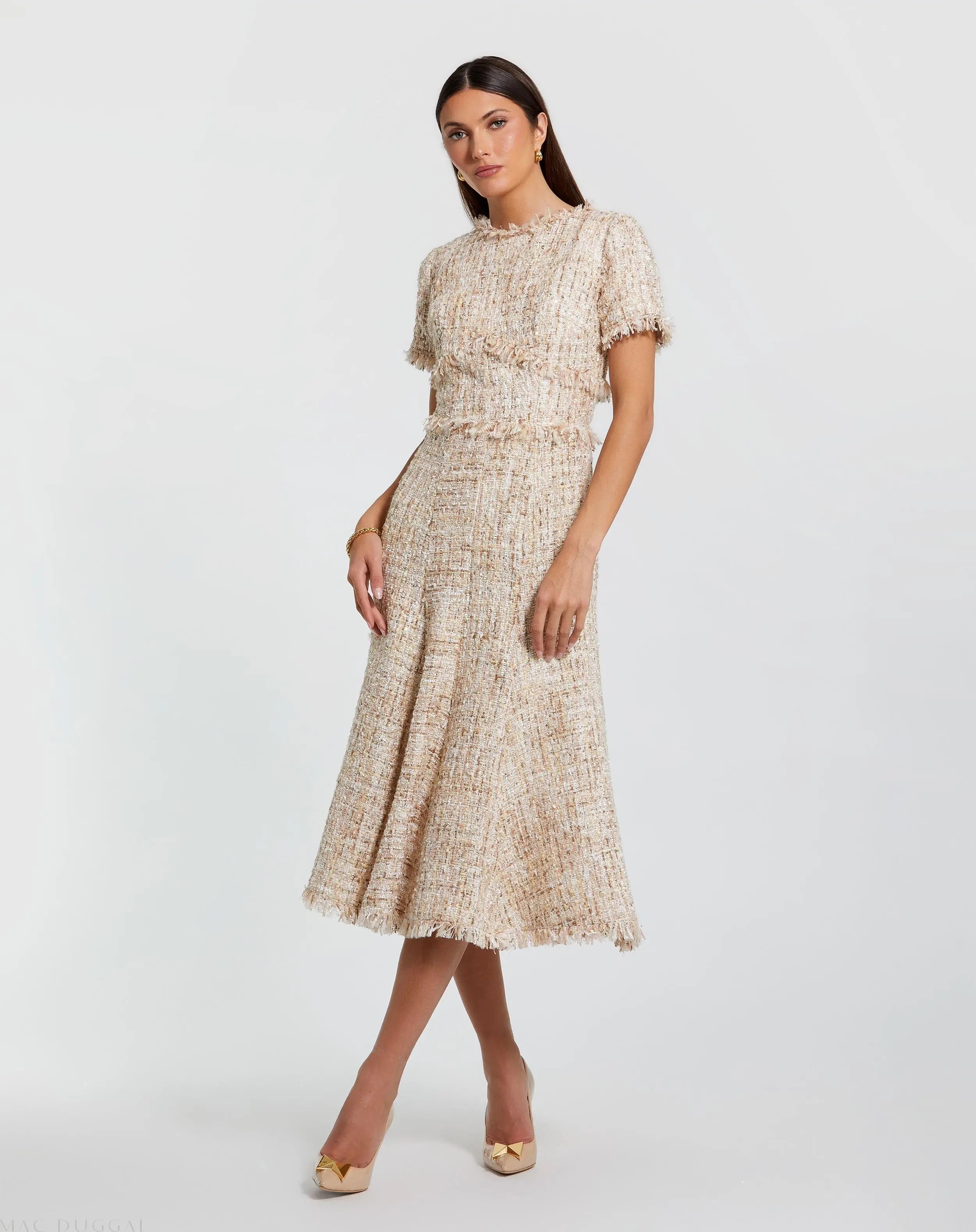 Beige Boucle Short Sleeve A Line Midi Dress - Mac Duggal