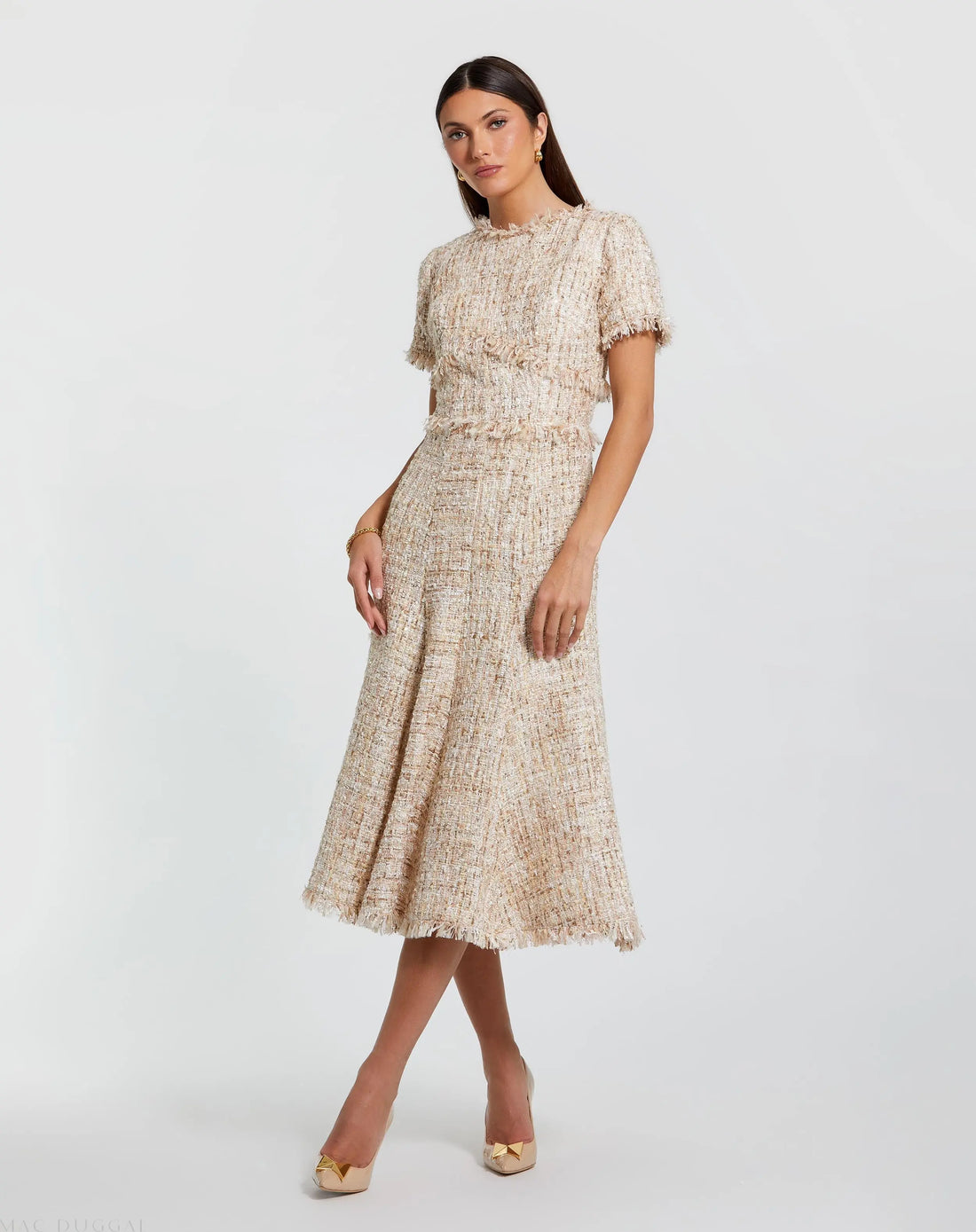 Beige Boucle Short Sleeve A Line Midi Dress - Mac Duggal Beige Boucle Short Sleeve A Line Midi Dress - Mac Duggal